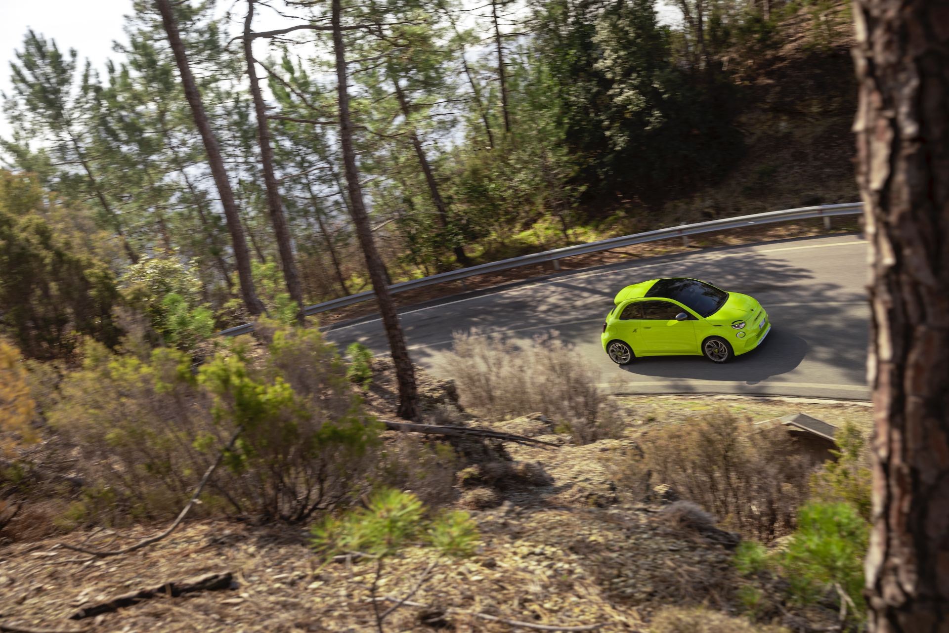 2024 abarth 500e driving forest road green