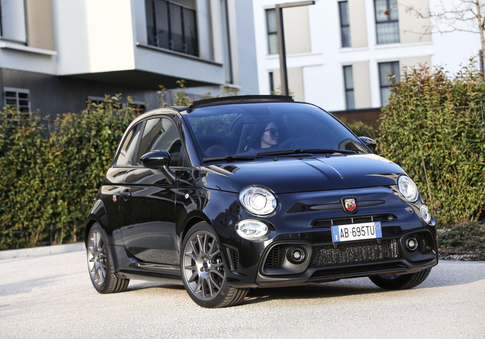 2024 abarth 695 front three quarter convertible black