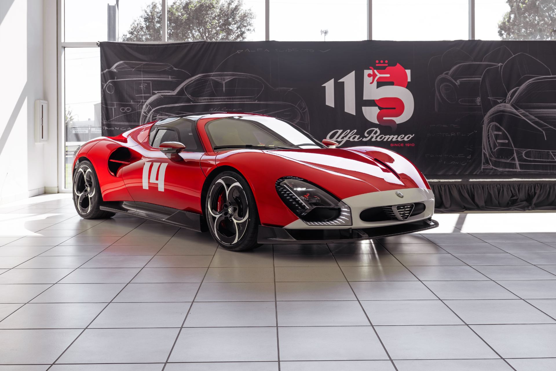 2024 alfa romeo 33 stradale front three quarter red and white livery