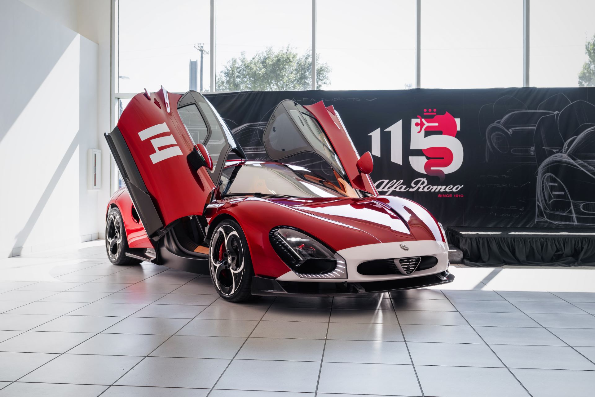 2024 alfa romeo 33 stradale front doors open red and white livery