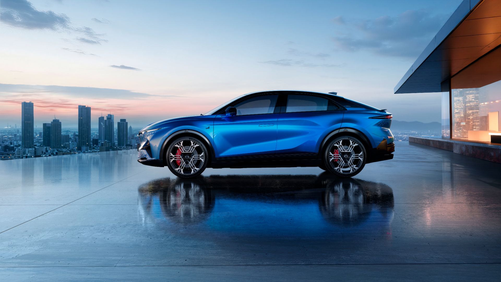 2026 alpine a390 side profile city skyline blue