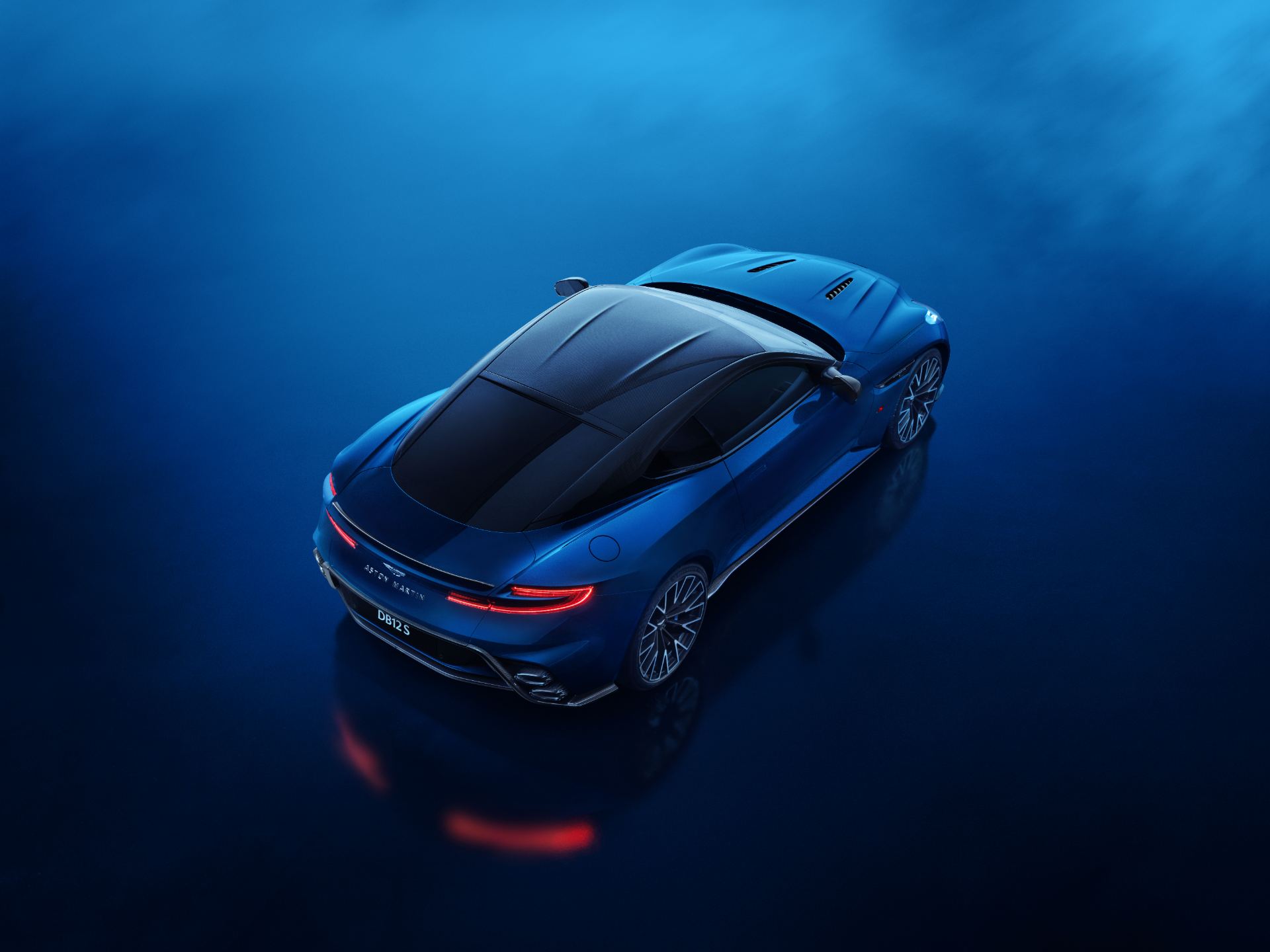 2026 aston martin db12 s high angle rear three quarter studio blue