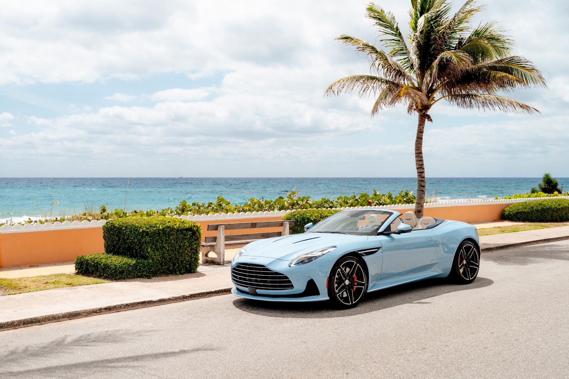 2026 aston martin db12 volante palm beach edition front three quarter light blue