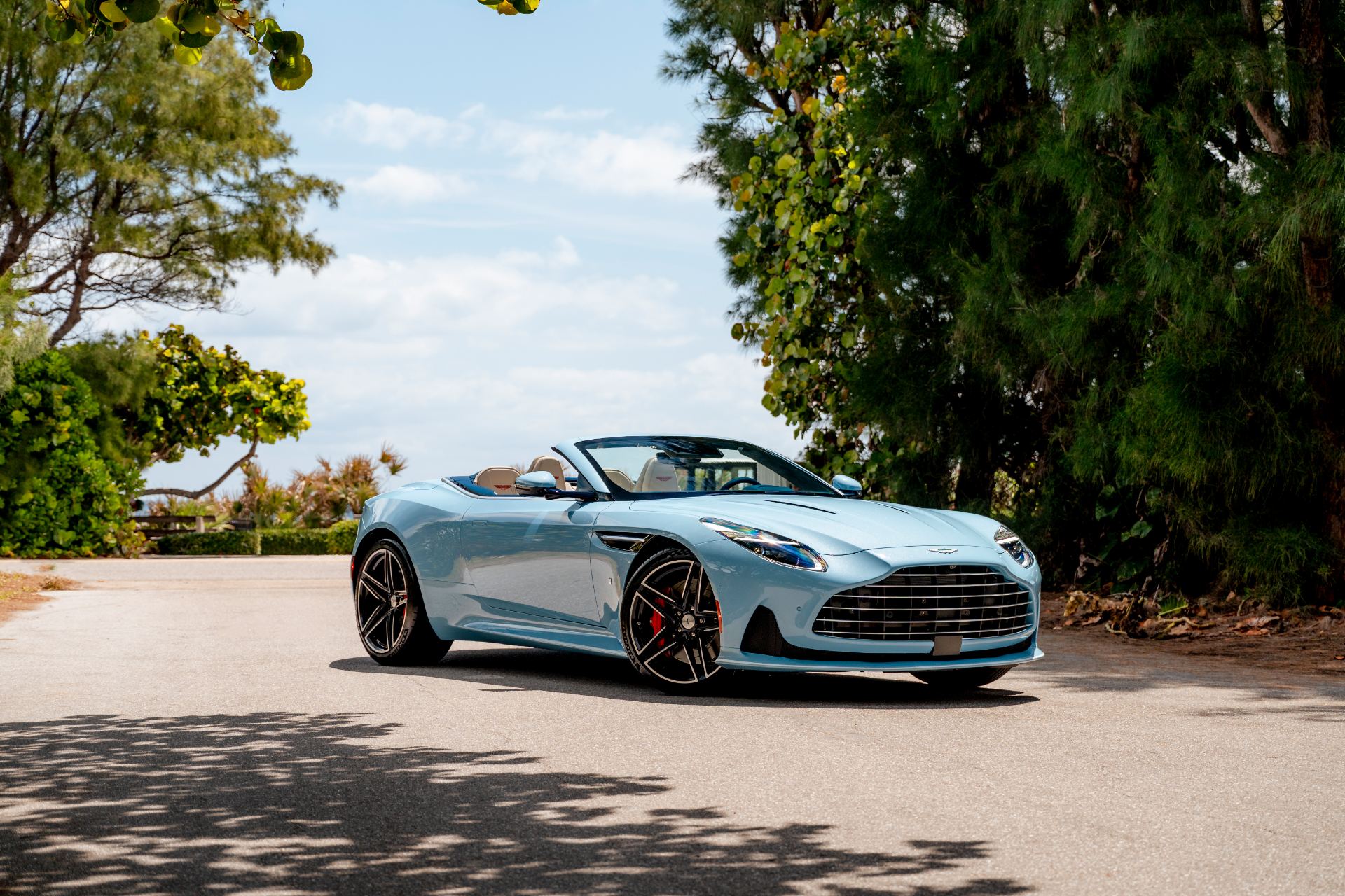 2026 aston martin db12 volante palm beach edition front three quarter trees