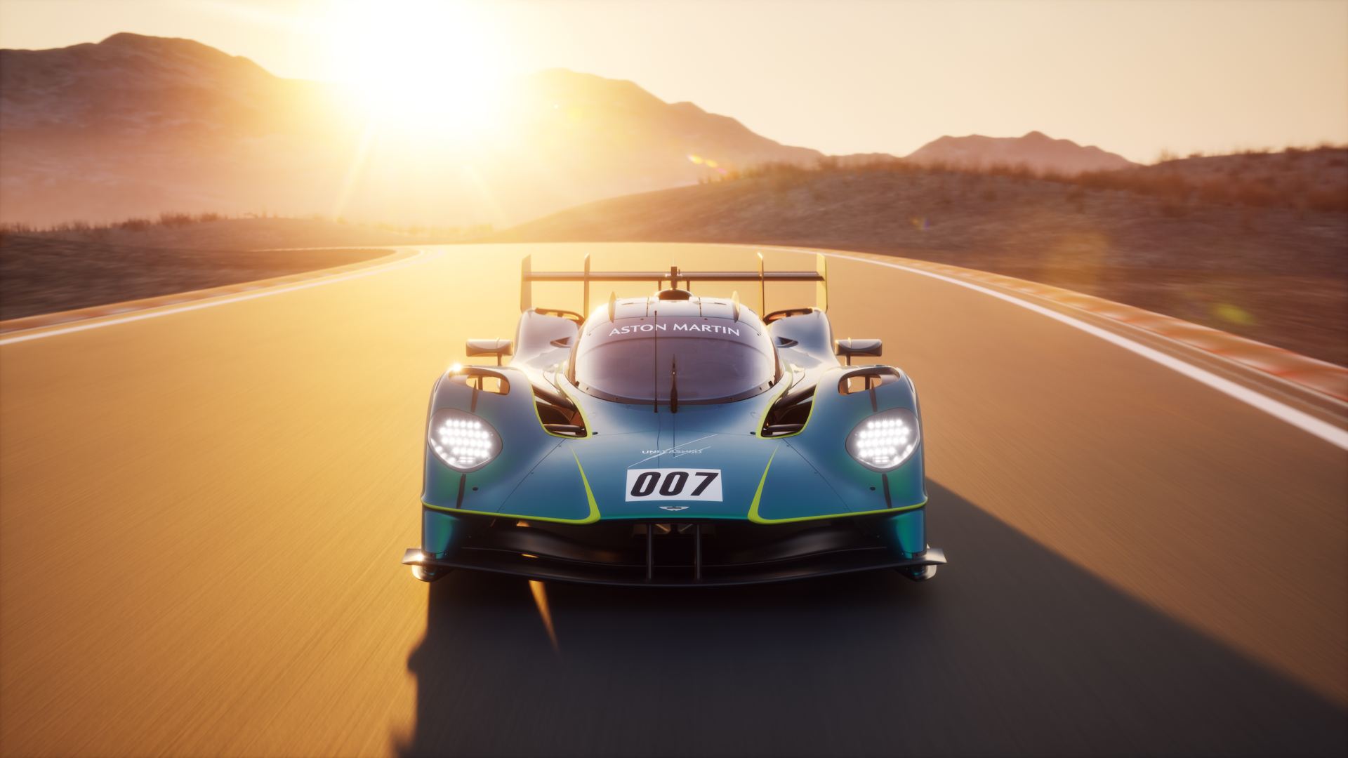 2026 aston martin valkyrie lm driving front sunset teal