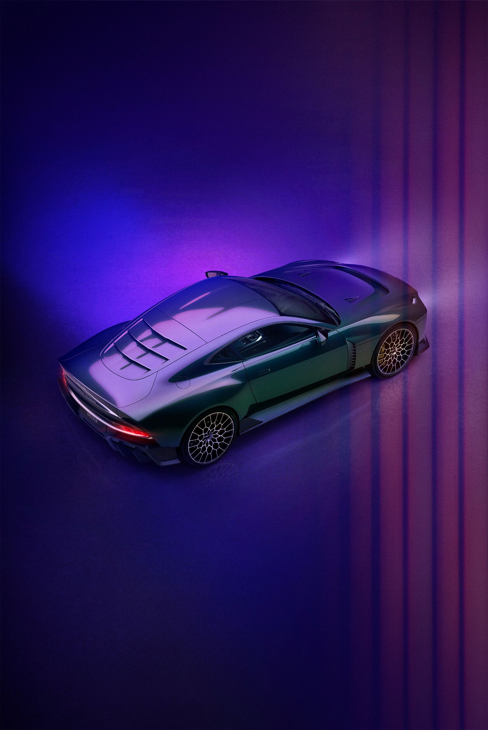 2026 aston martin valour overhead rear three quarter