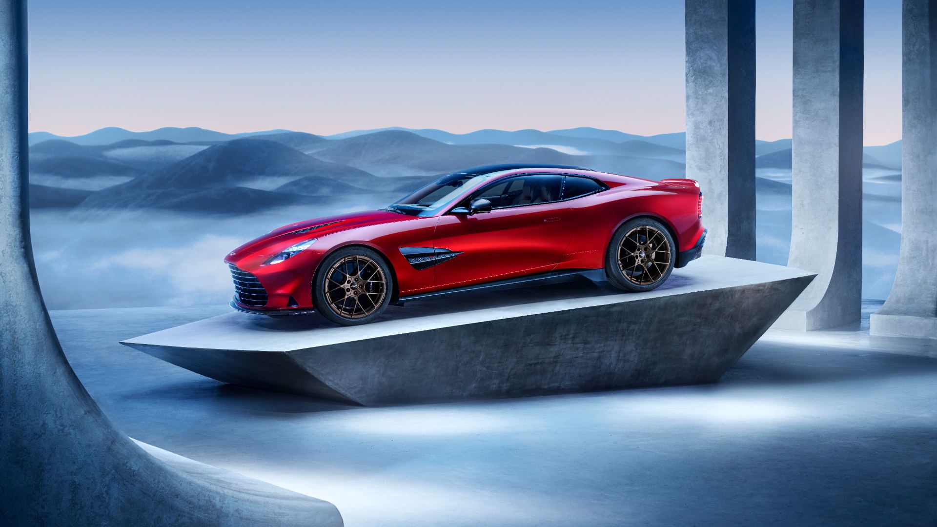 2026 aston martin vanquish front three quarter plinth red