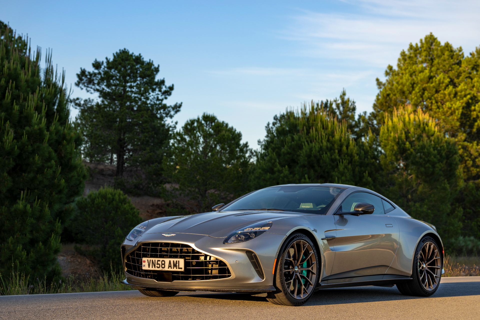 2026 aston martin vantage front three quarter trees silver