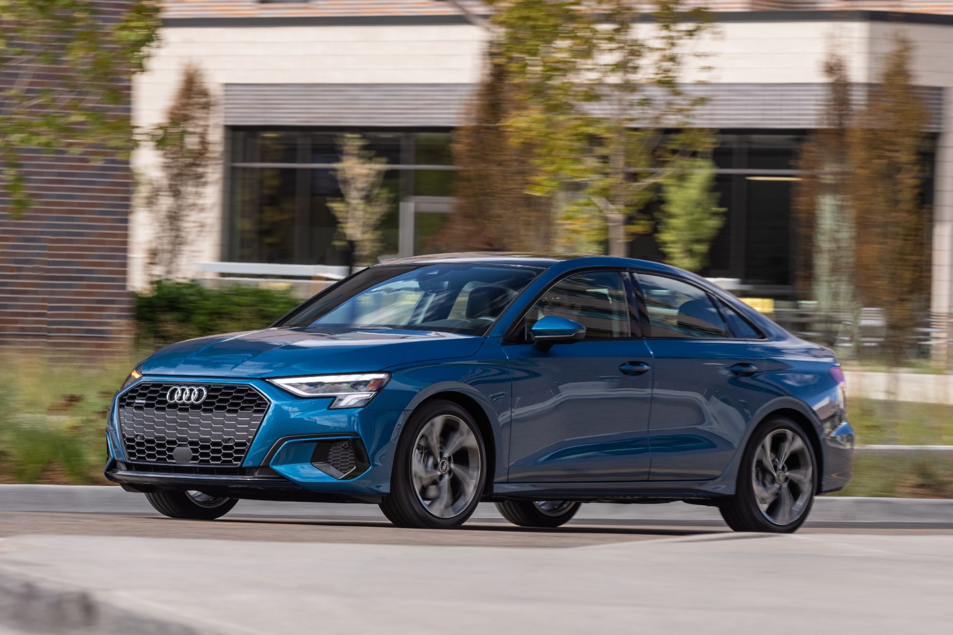 audi a3 driving front three quarter atoll blue