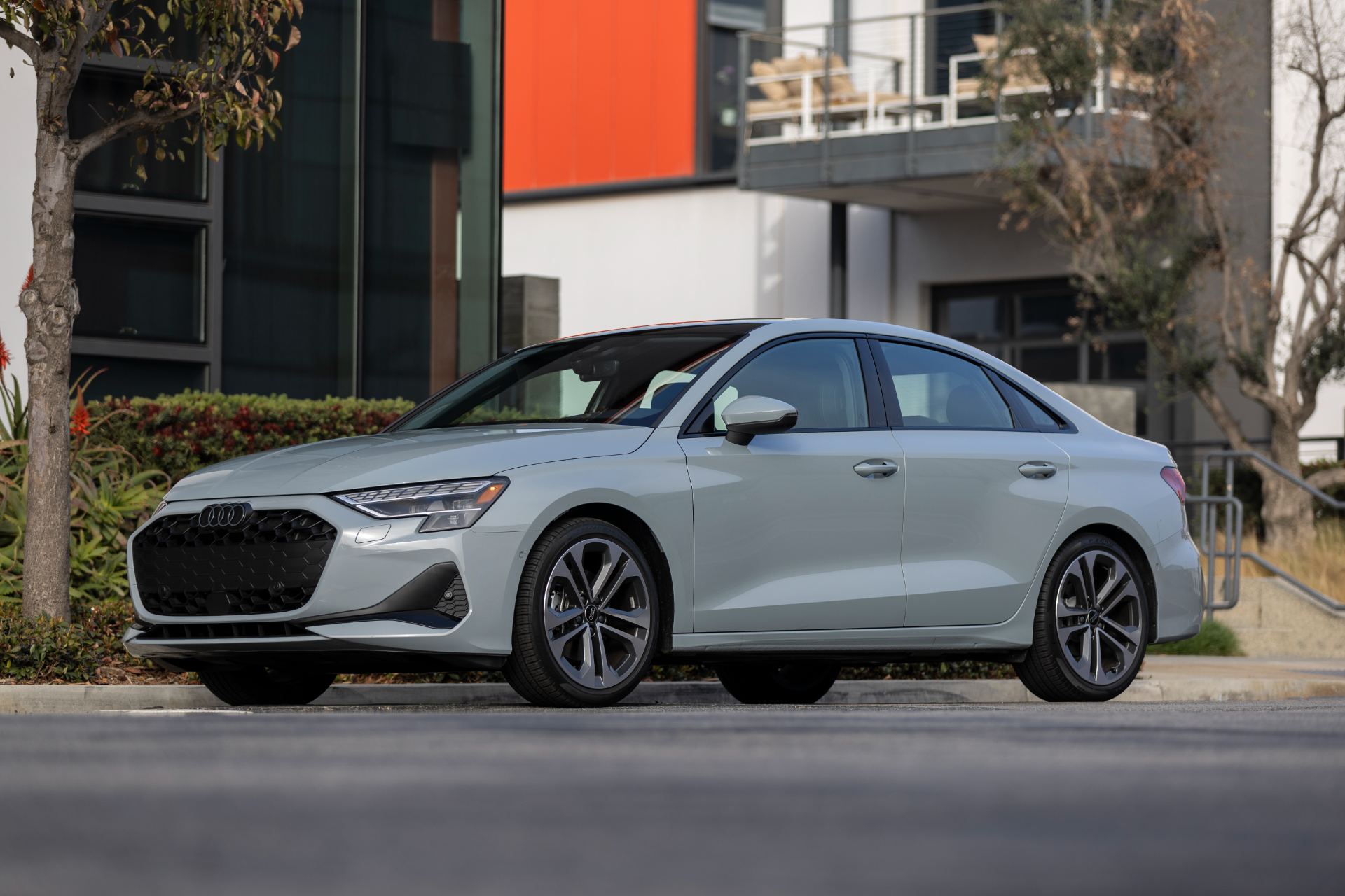 2026 audi a3 front three quarter street grey