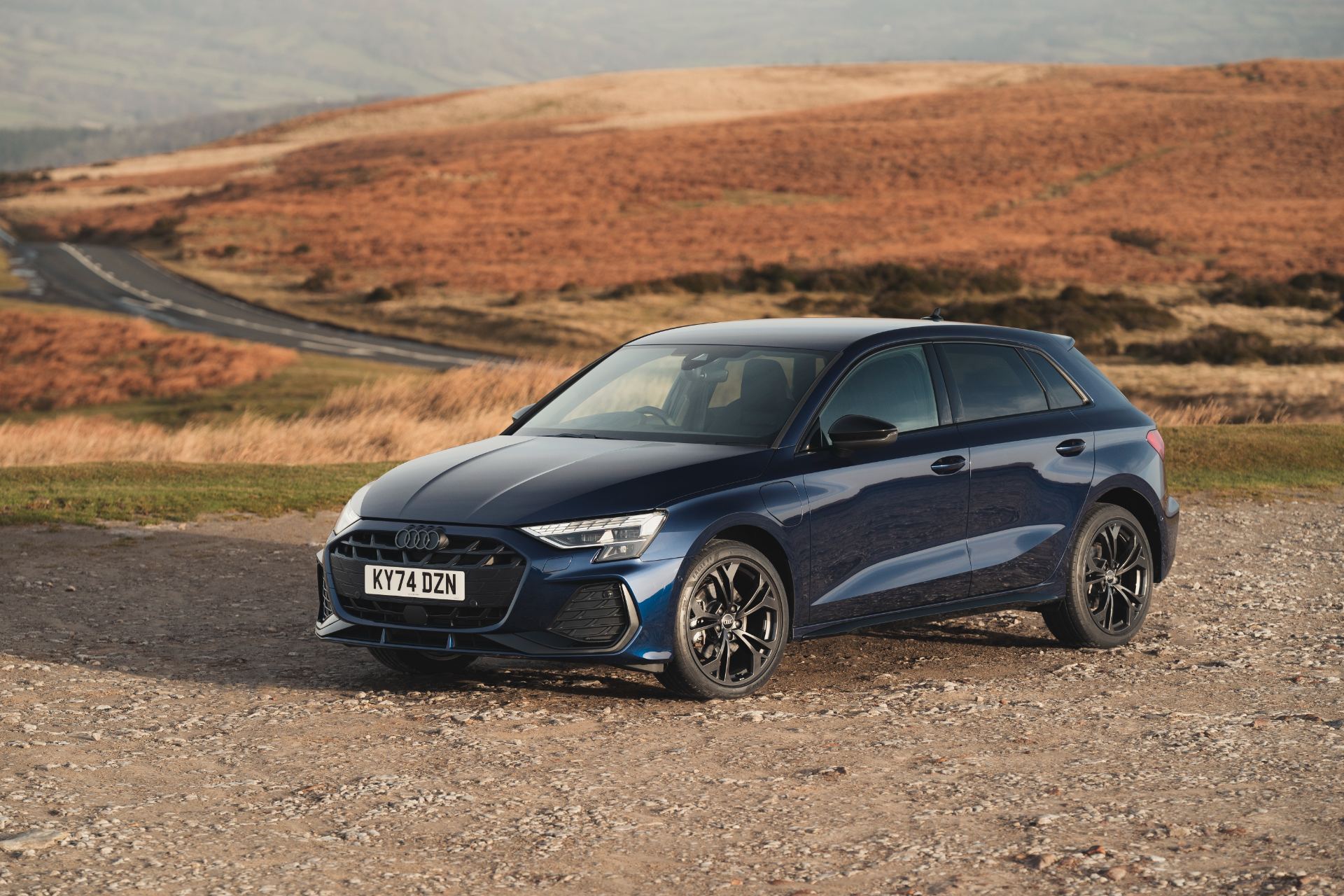 2025 audi a3 sportback tfsi e front three quarter moorland blue