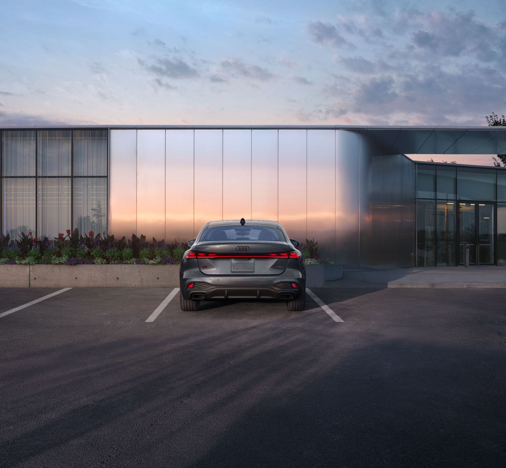 2026 audi a5 rear building dusk grey
