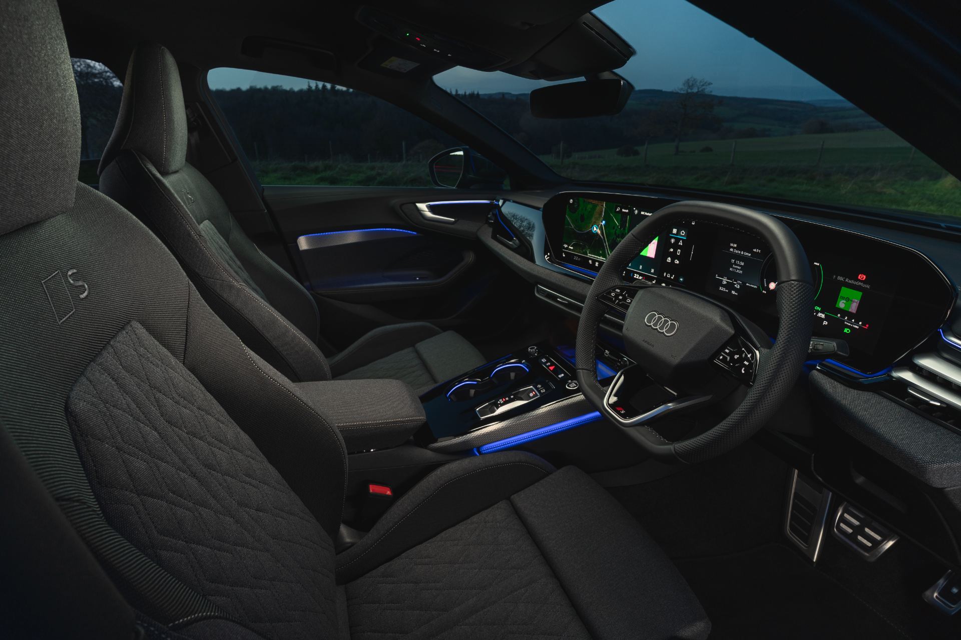 2026 audi a5 saloon e hybrid interior front seats ambient lighting night