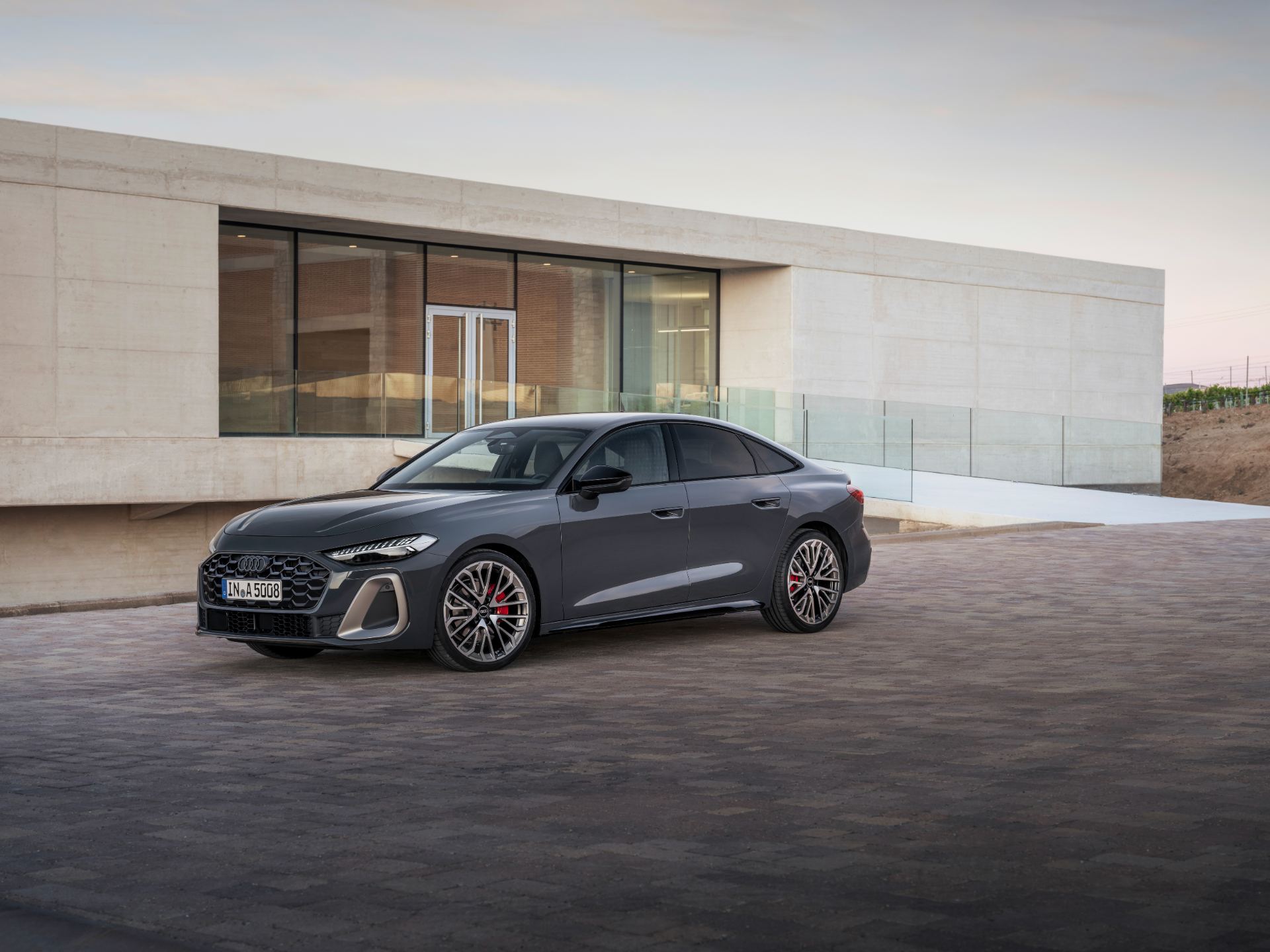 2026 audi a5 saloon front three quarter architecture grey