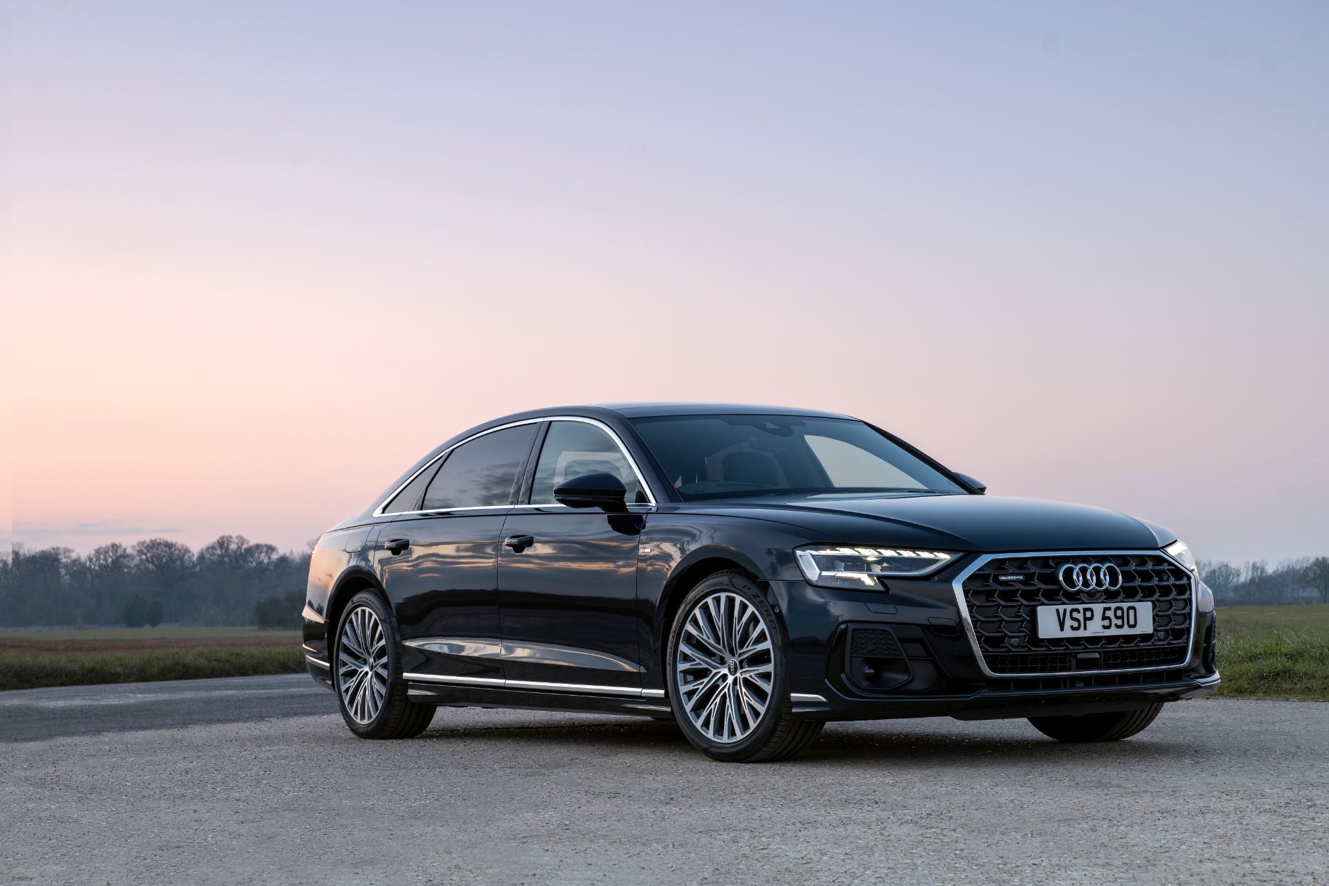 2025 audi a8 front three quarter dusk black