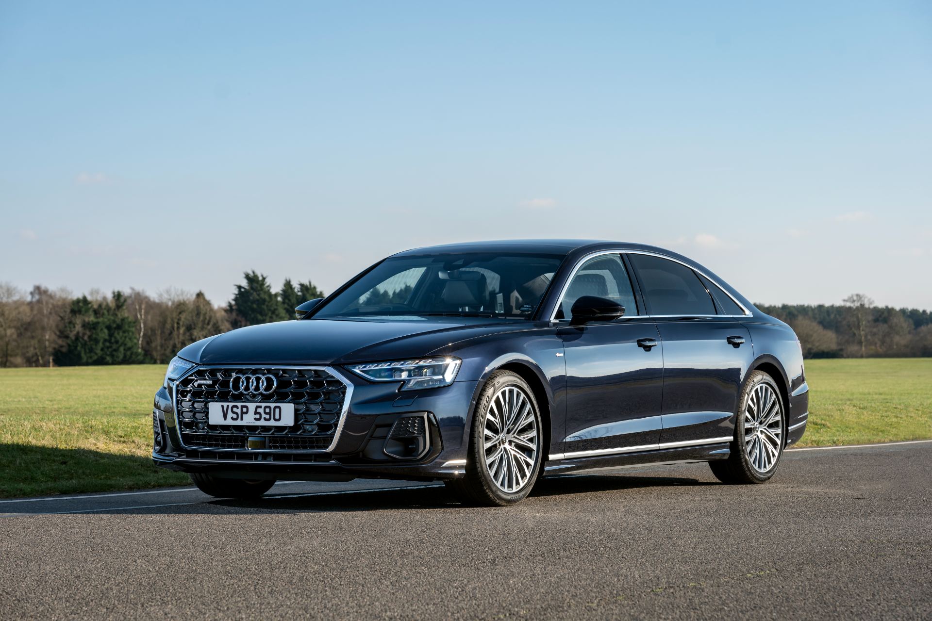 2025 audi a8 front three quarter field black