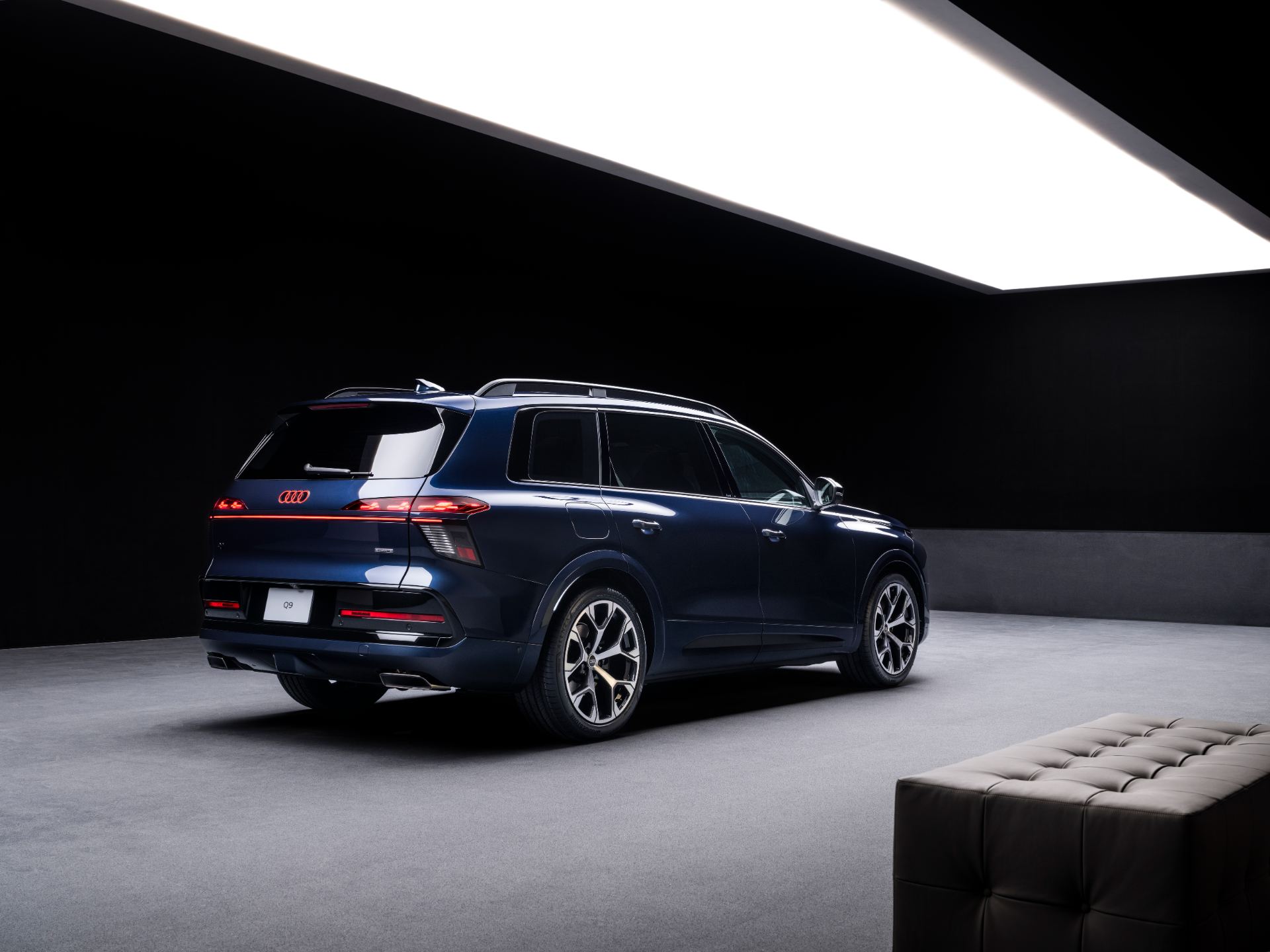 2026 audi q9 rear three quarter studio blue