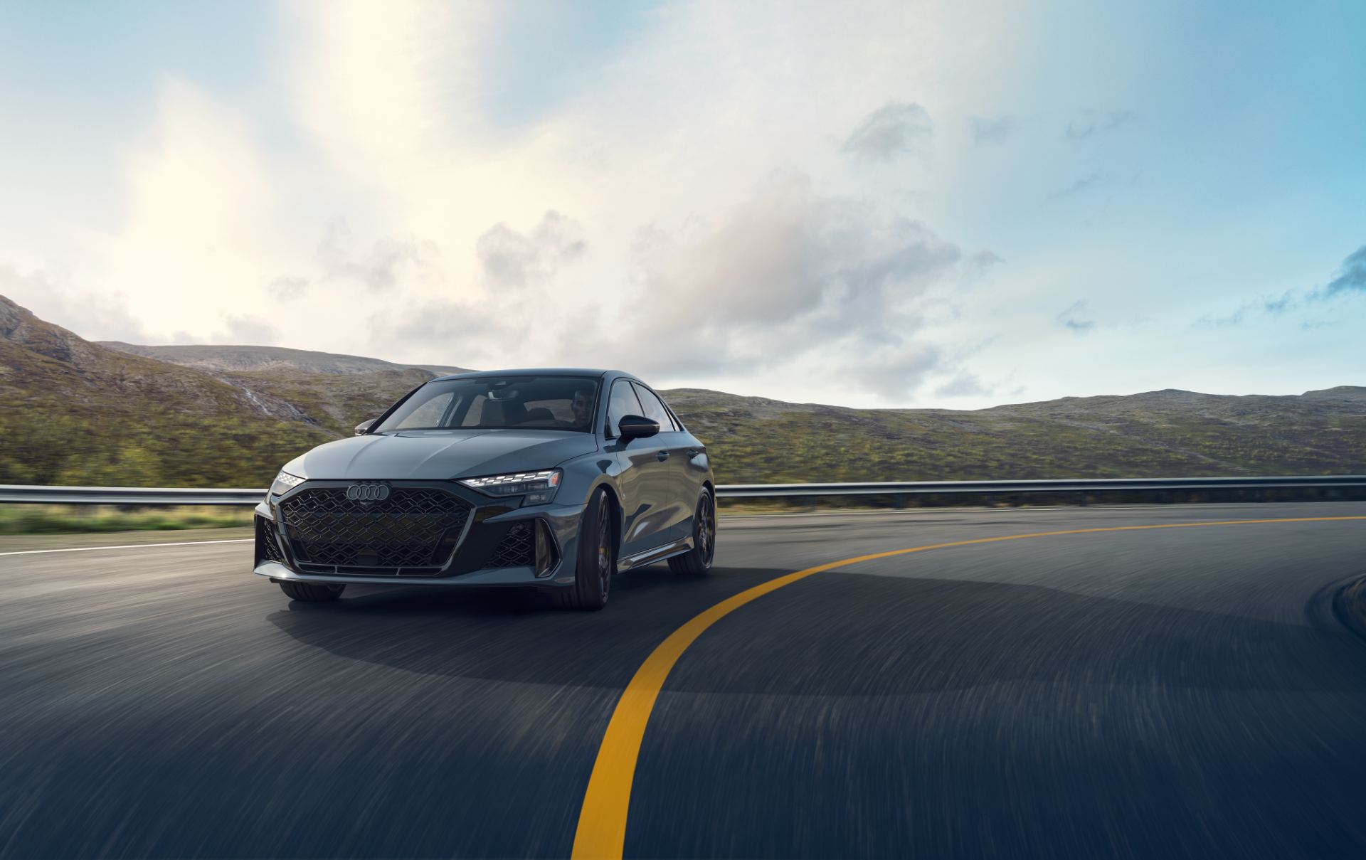 2027 audi rs 3 driving front three quarter grey