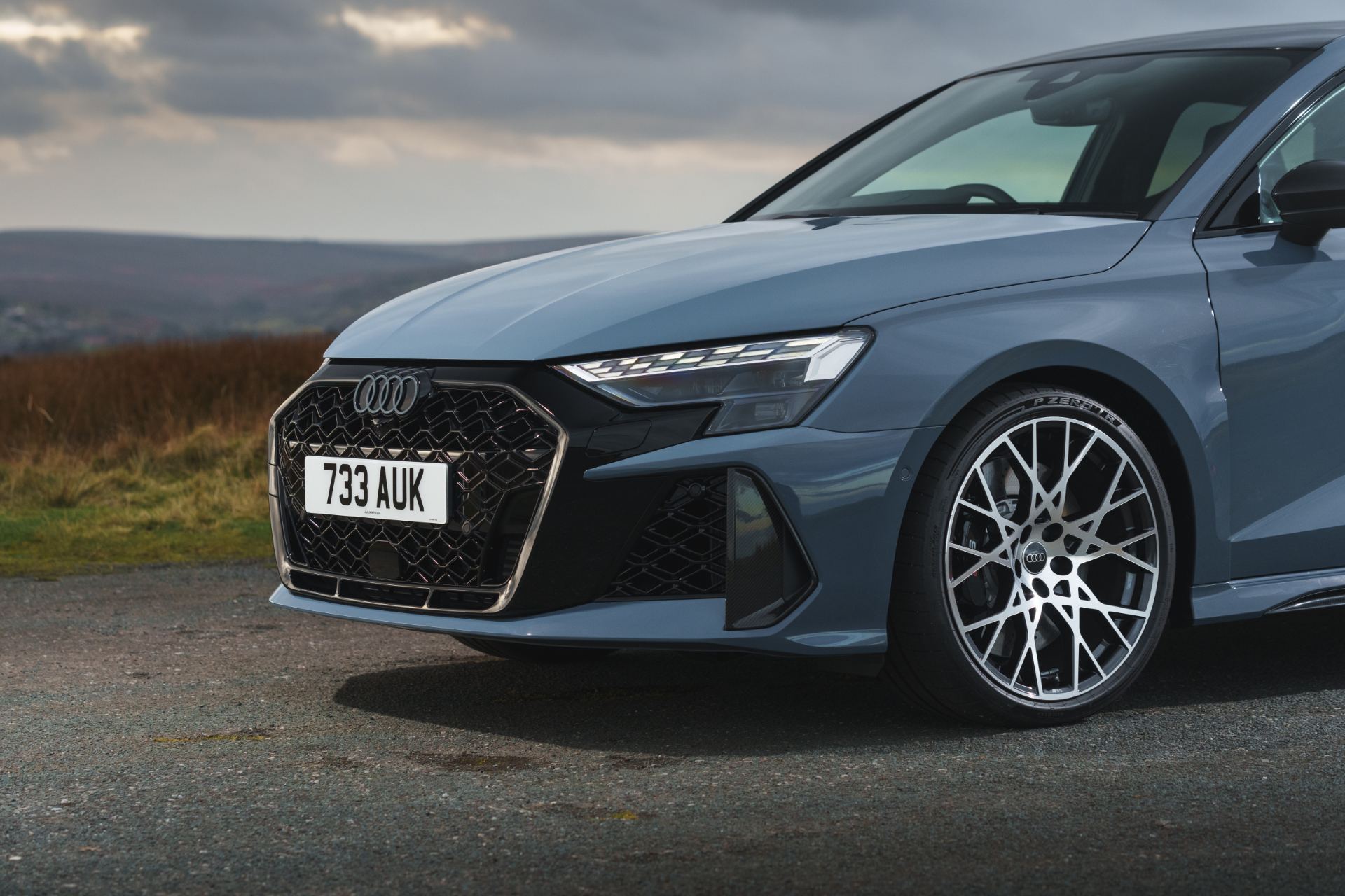 2025 audi rs 3 front three quarter detail grey