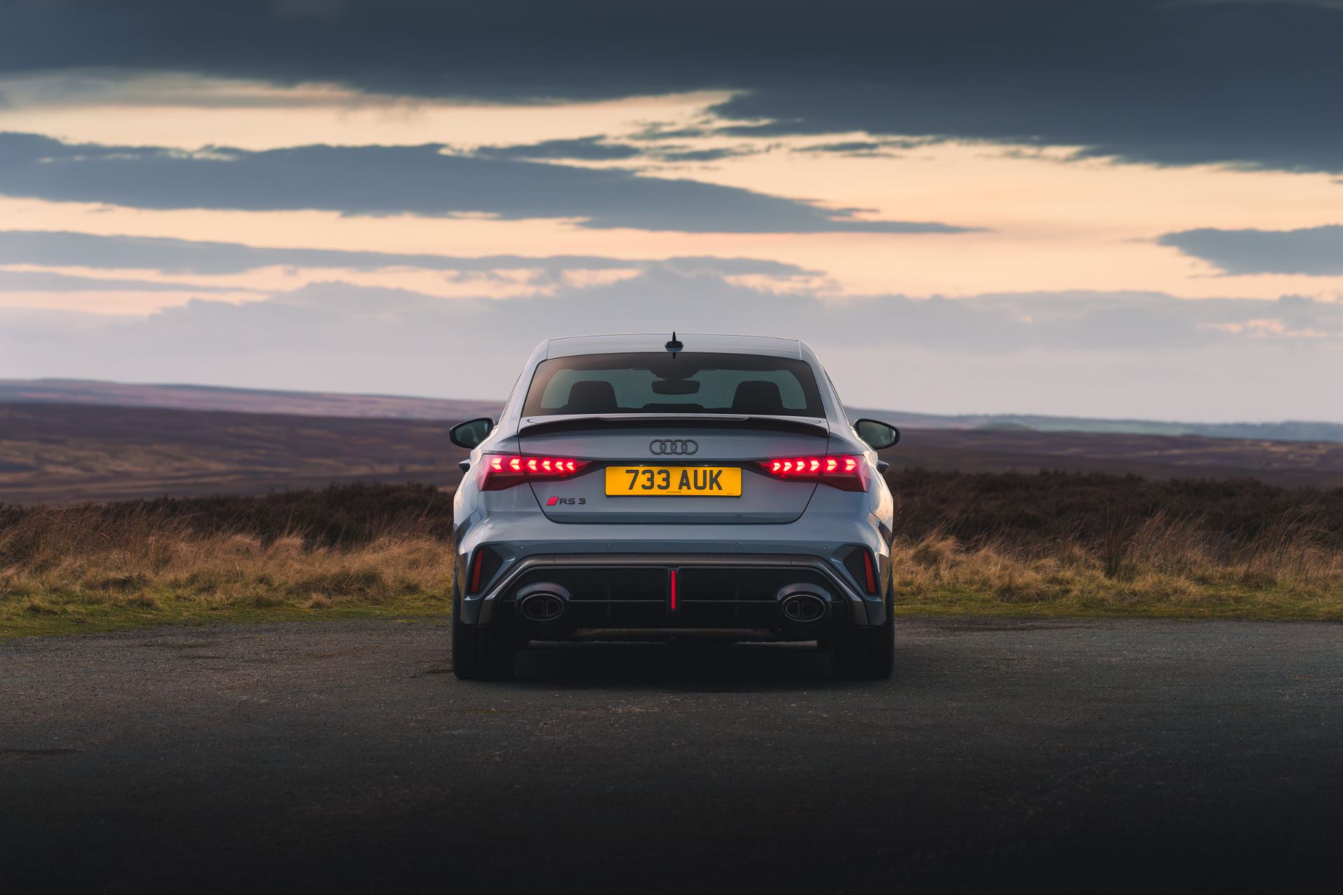 2025 audi rs 3 saloon rear moorland dusk grey