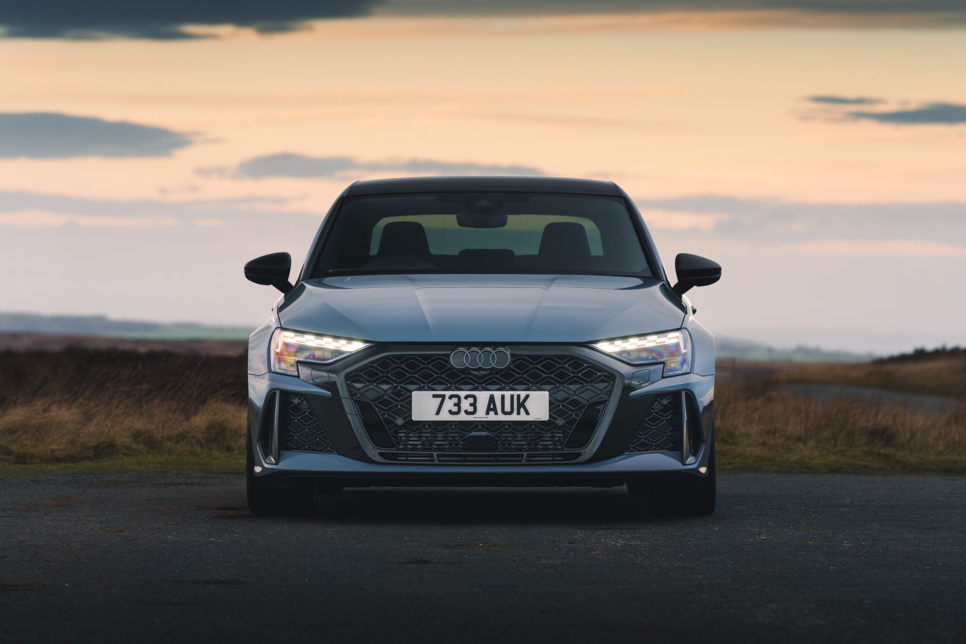 2025 audi rs 3 saloon front moorland dusk grey