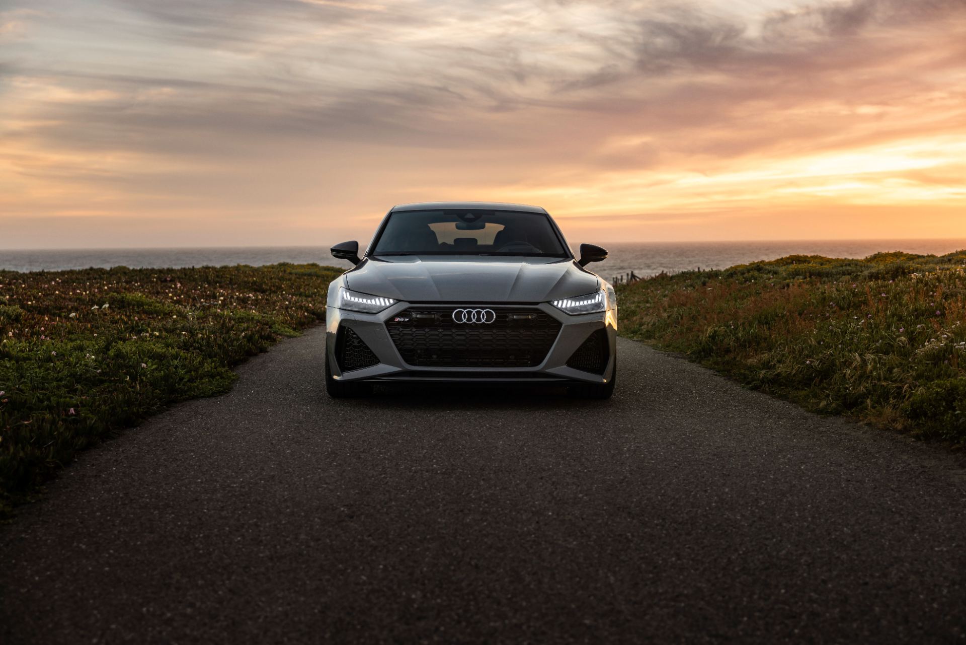2026 audi rs 7 front sunset path nardo grey