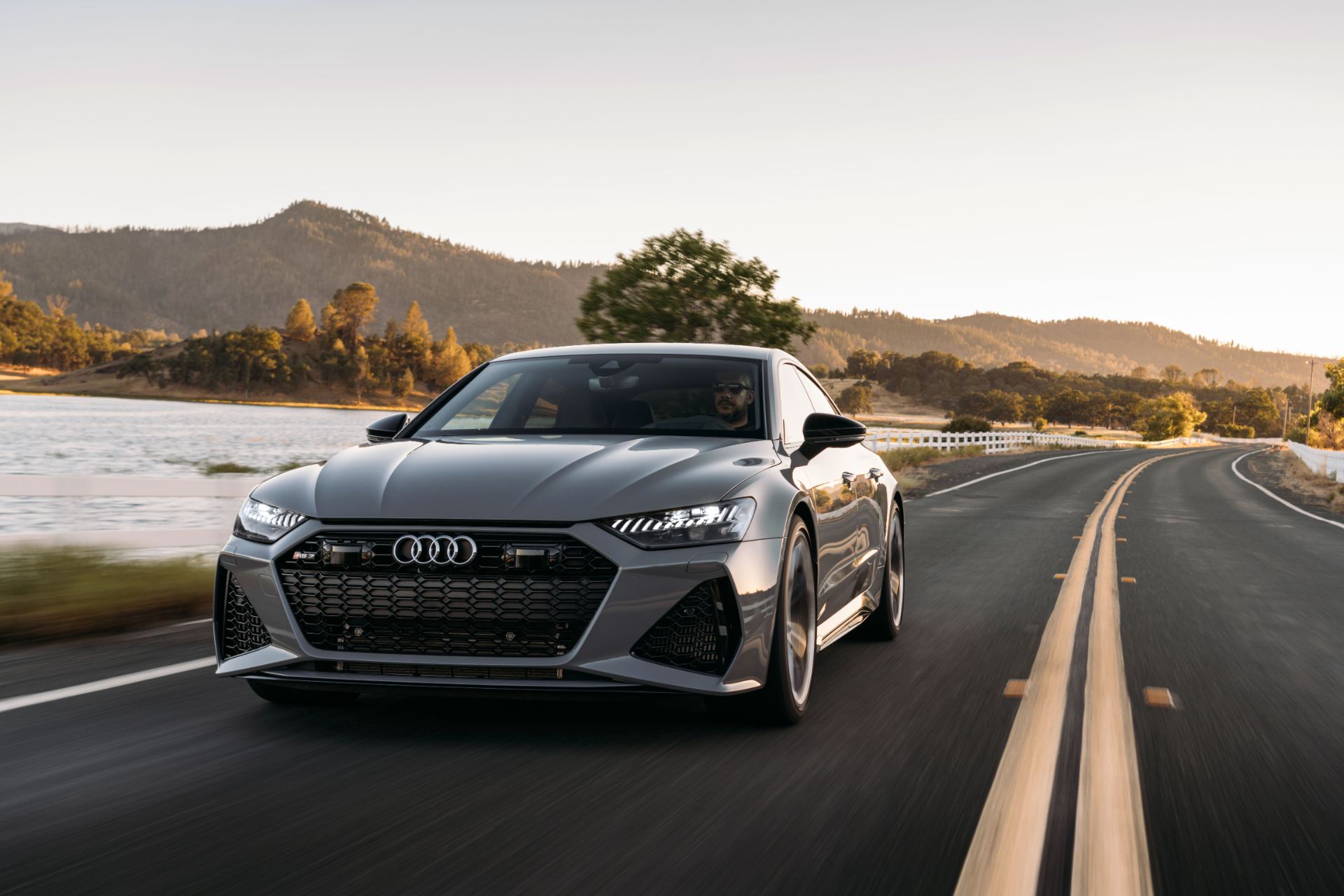 2026 audi rs 7 driving front lake road nardo grey