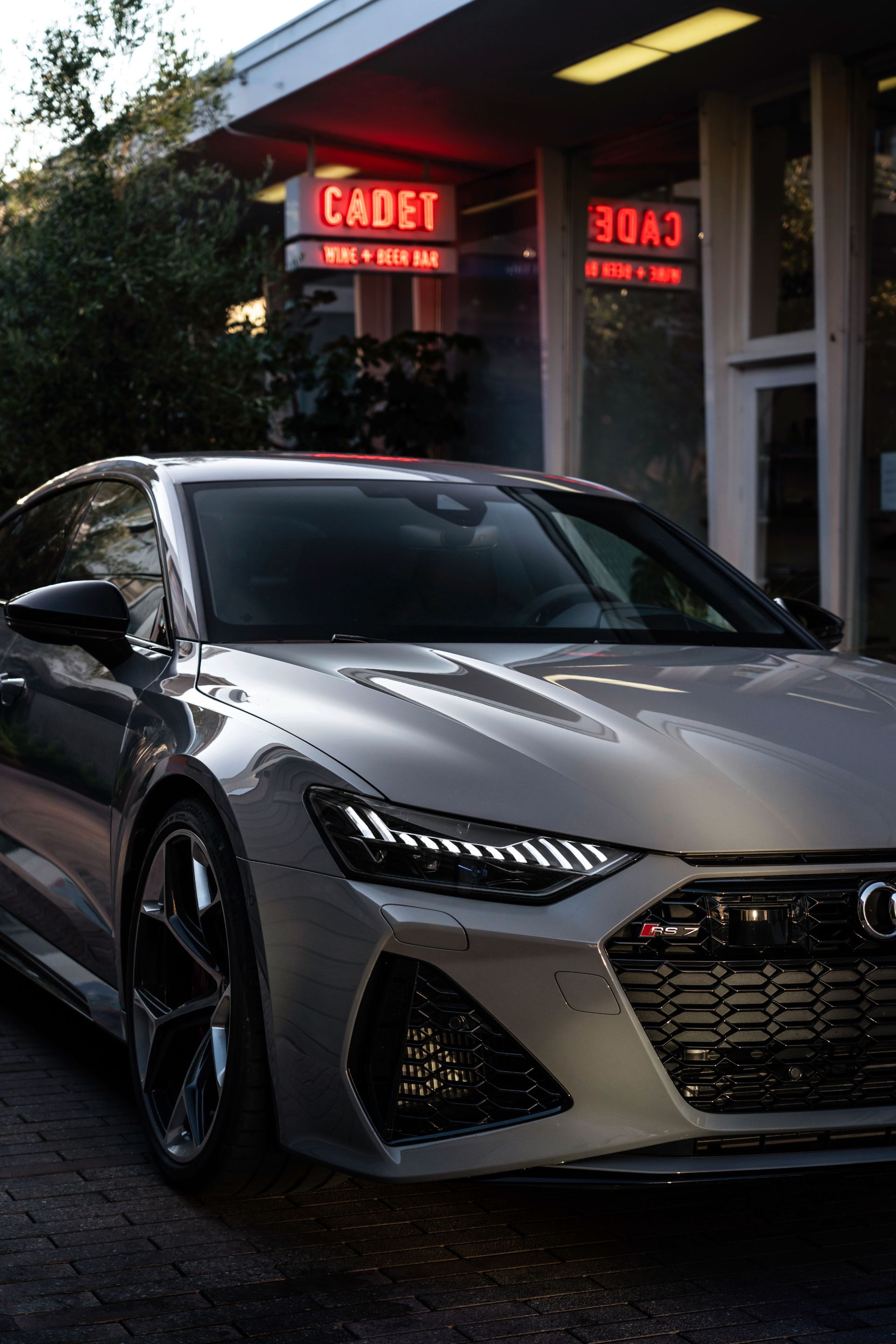 2026 audi rs 7 front three quarter diner portrait nardo grey