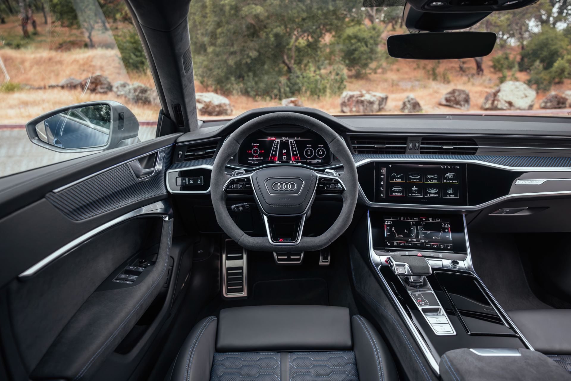 2026 audi rs 7 interior front view blue stitching