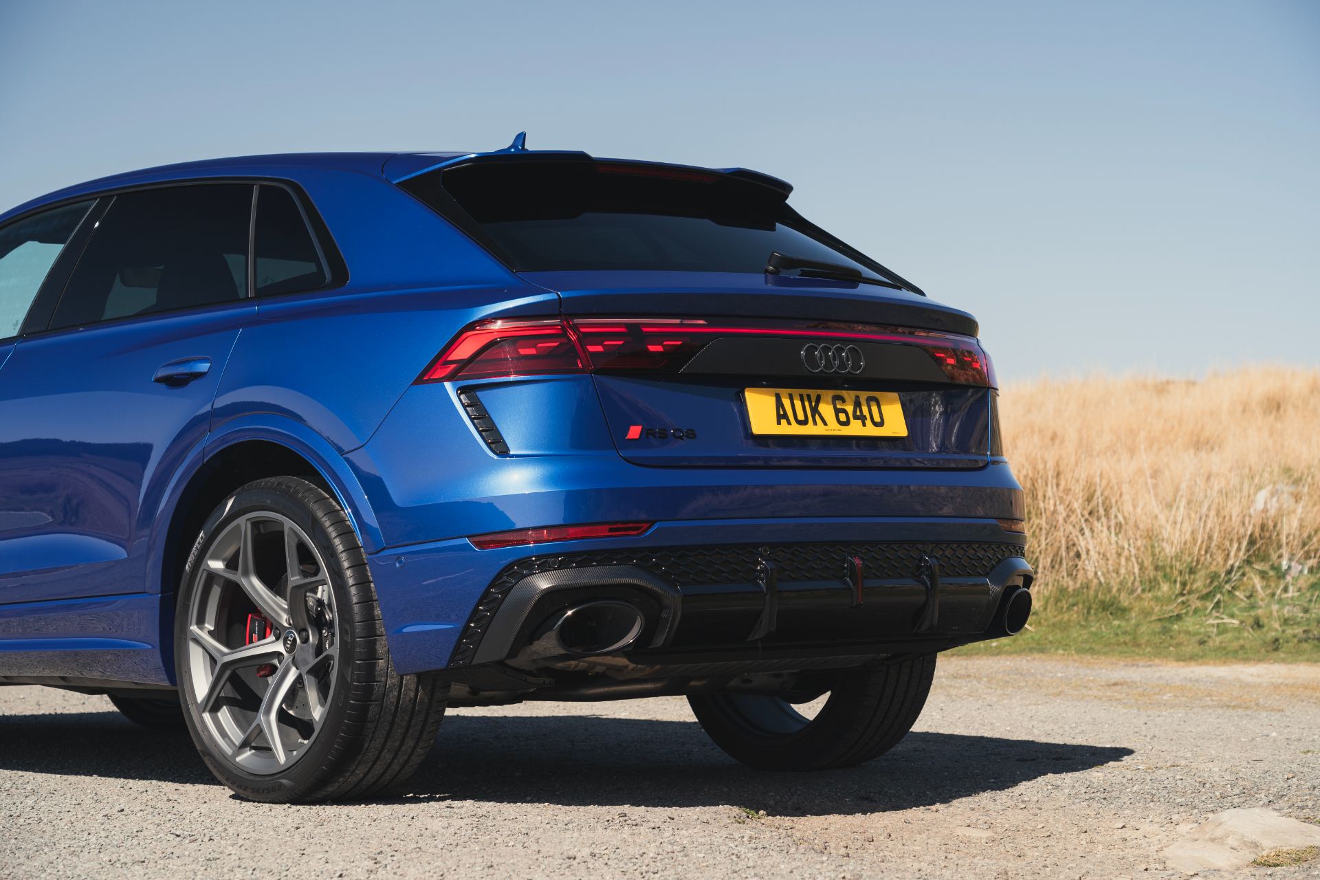 2026 audi rs q8 performance rear three quarter close up blue