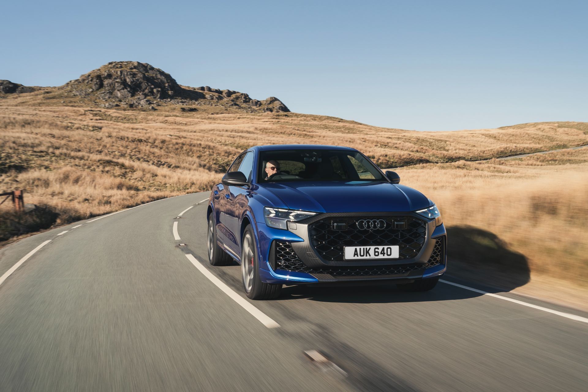 2026 audi rs q8 performance driving front three quarter blue