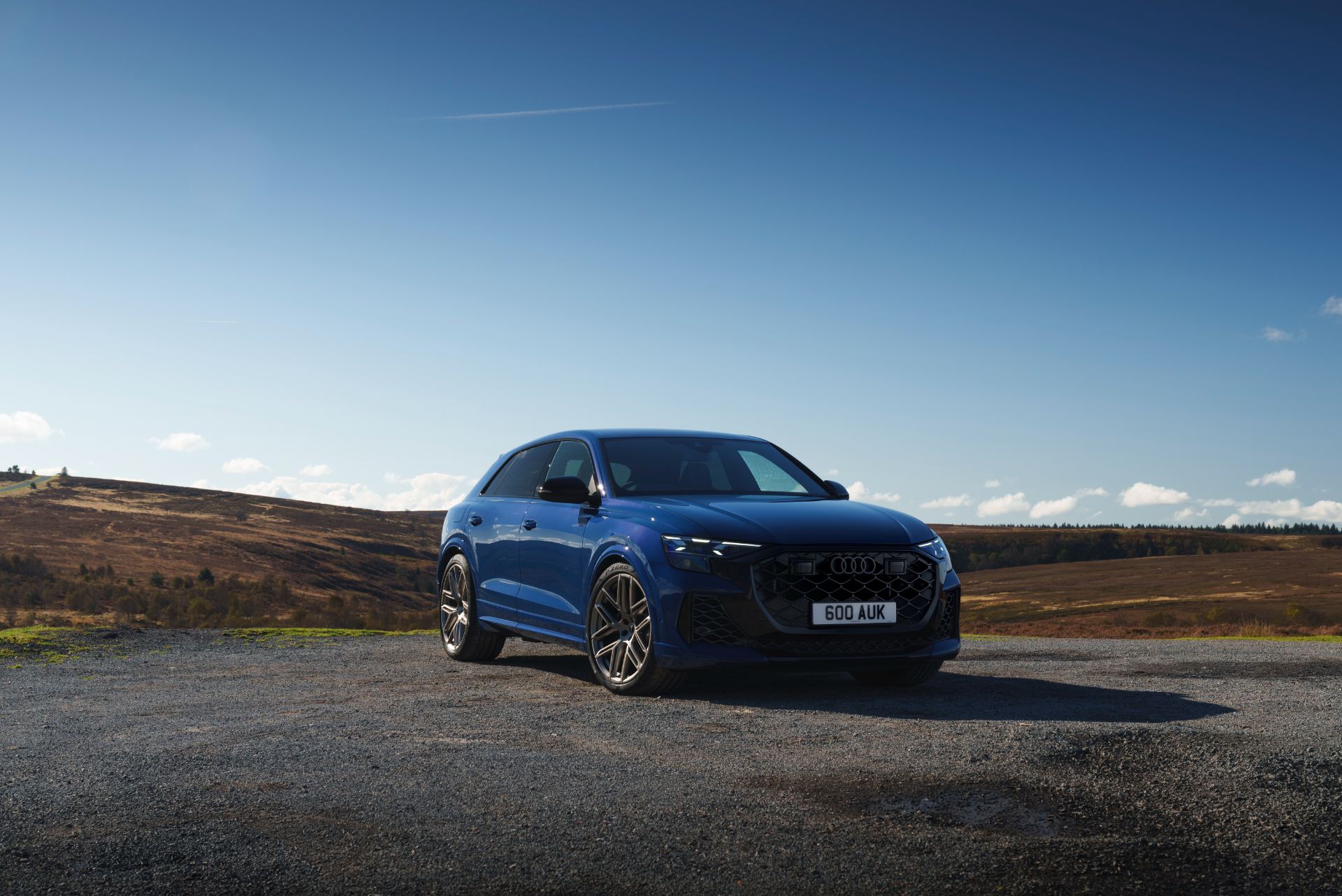 2026 audi rs q8 front three quarter hilltop blue
