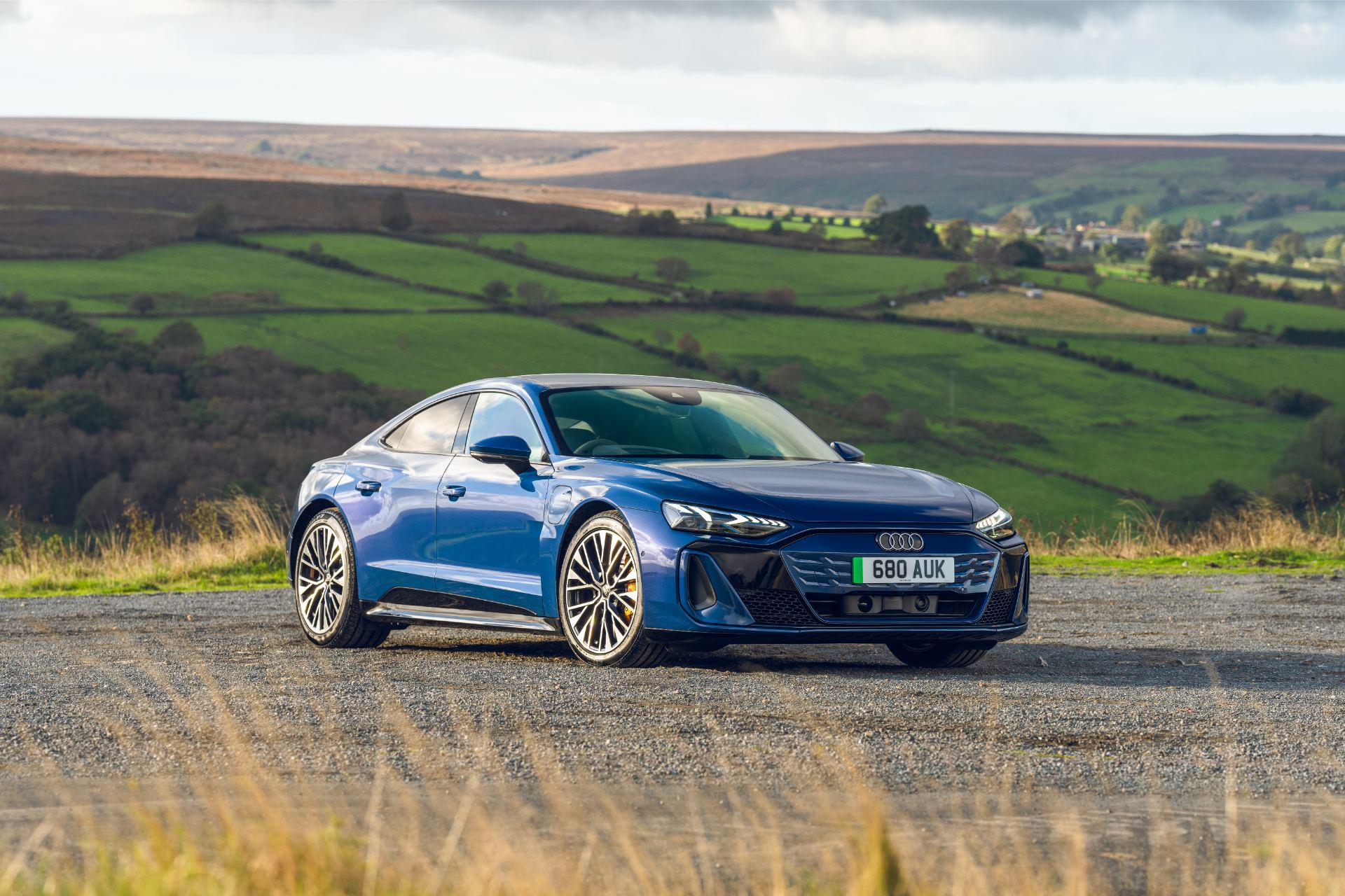 2026 audi s e tron gt quattro front three quarter valley blue
