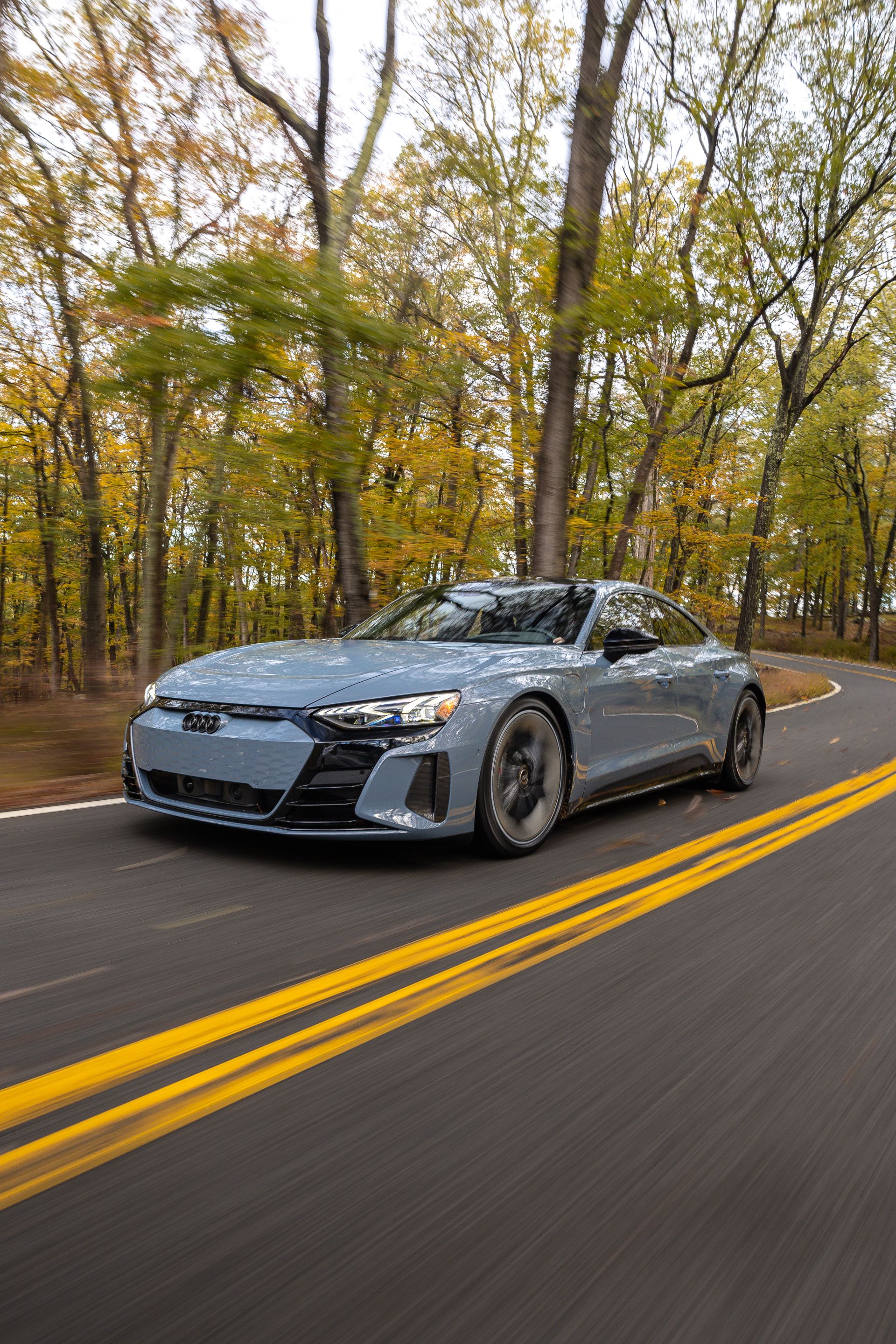 2026 audi s e tron gt driving front three quarter autumn forest grey