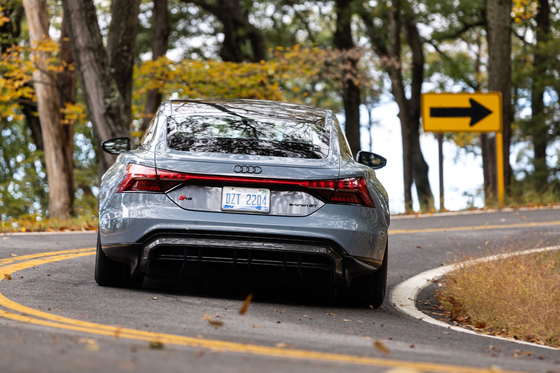 2026 audi s e tron gt driving rear hairpin grey