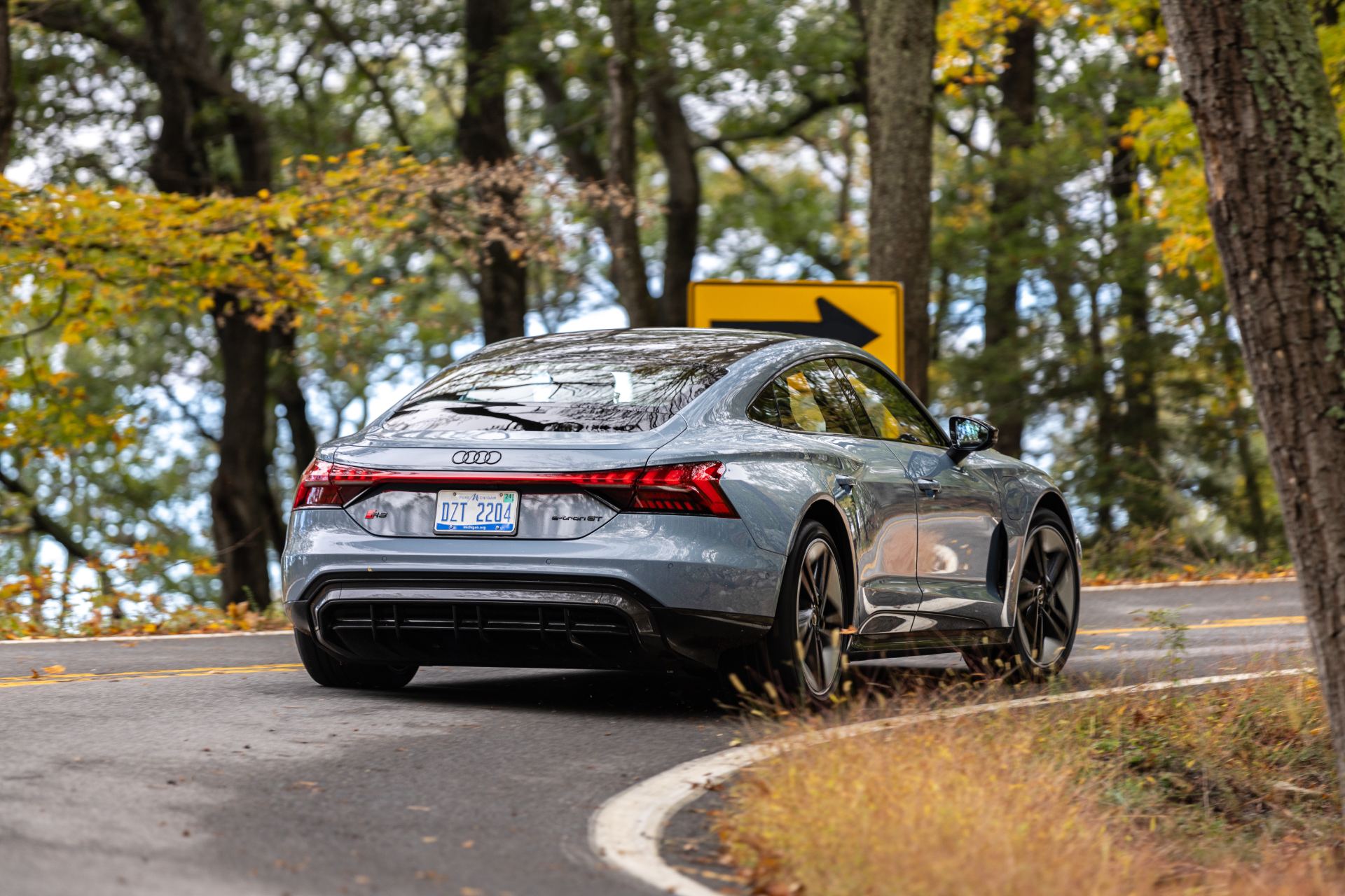 2026 audi s e tron gt driving rear three quarter hairpin grey