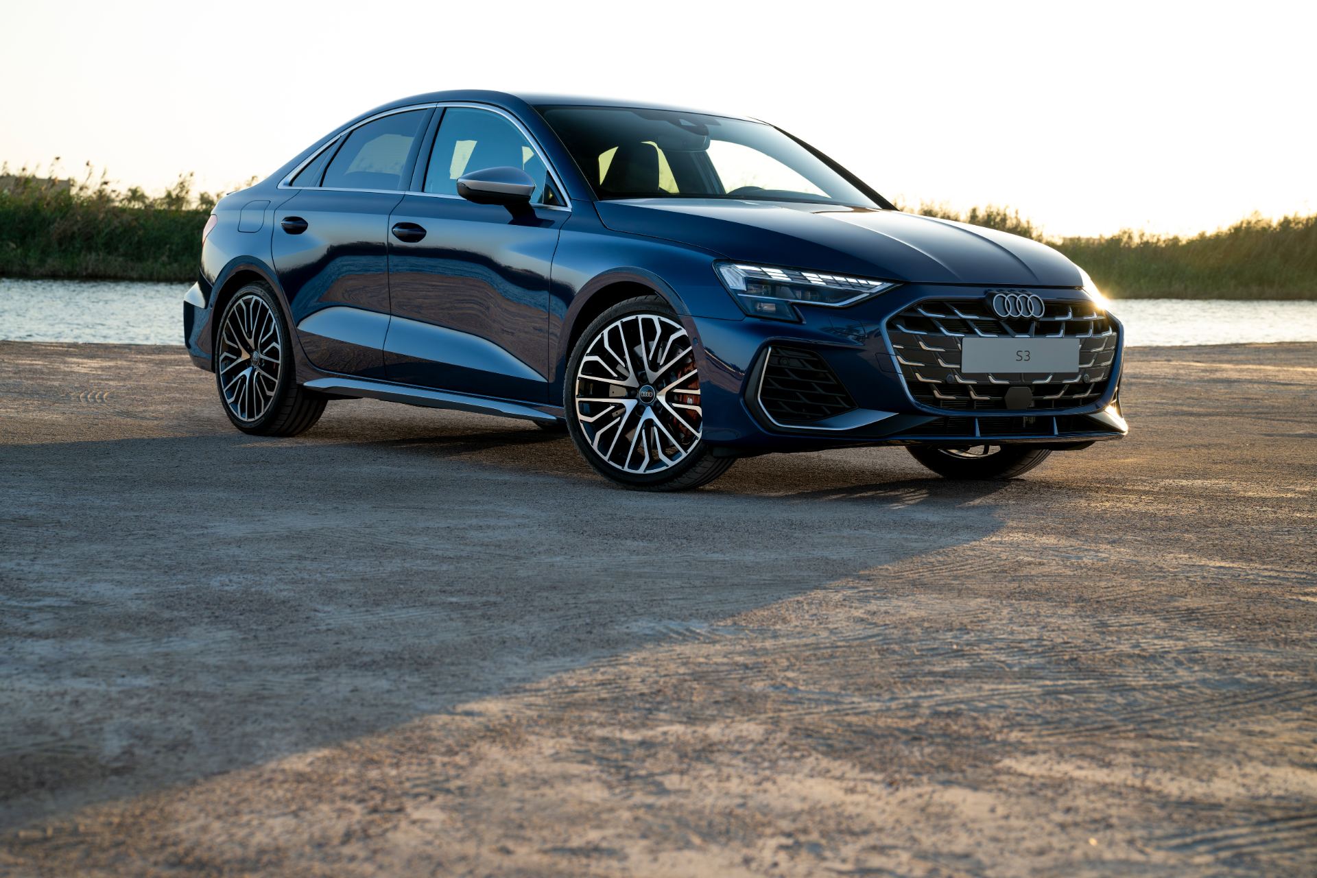 2026 audi s3 front three quarter lakeside blue
