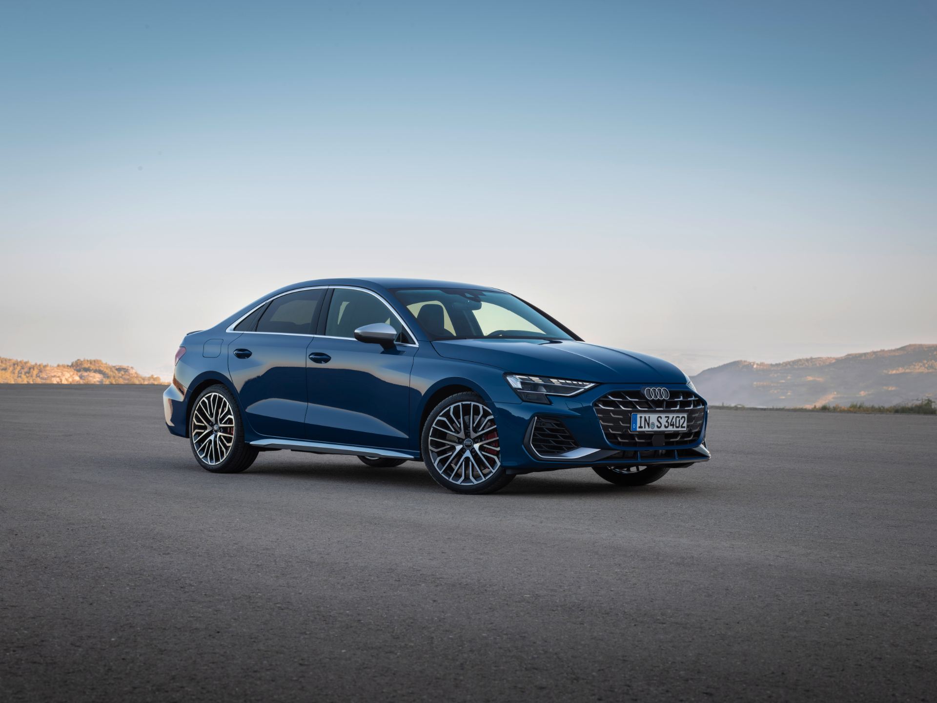 2026 audi s3 front three quarter hills blue