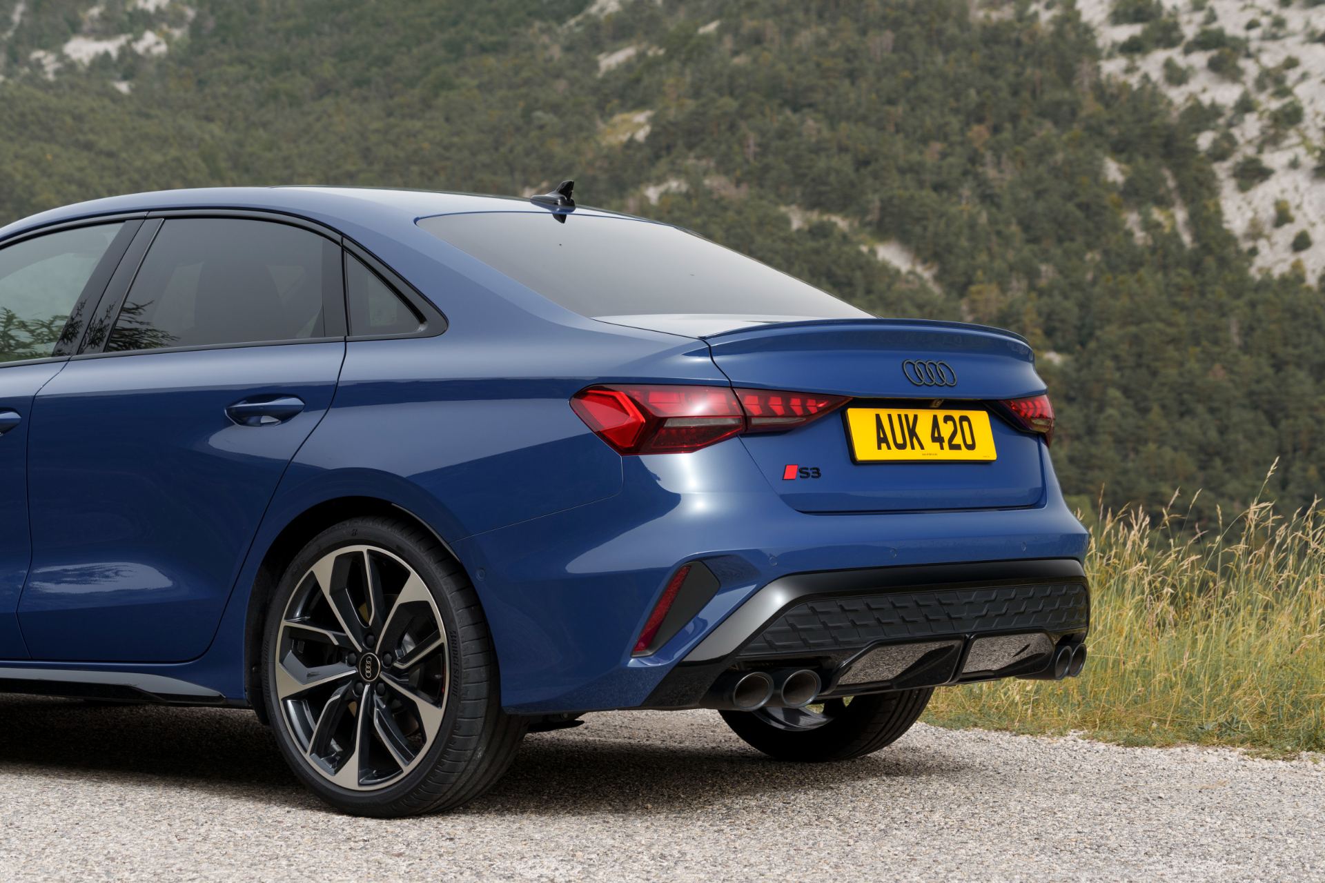 2025 audi s3 saloon rear three quarter close blue