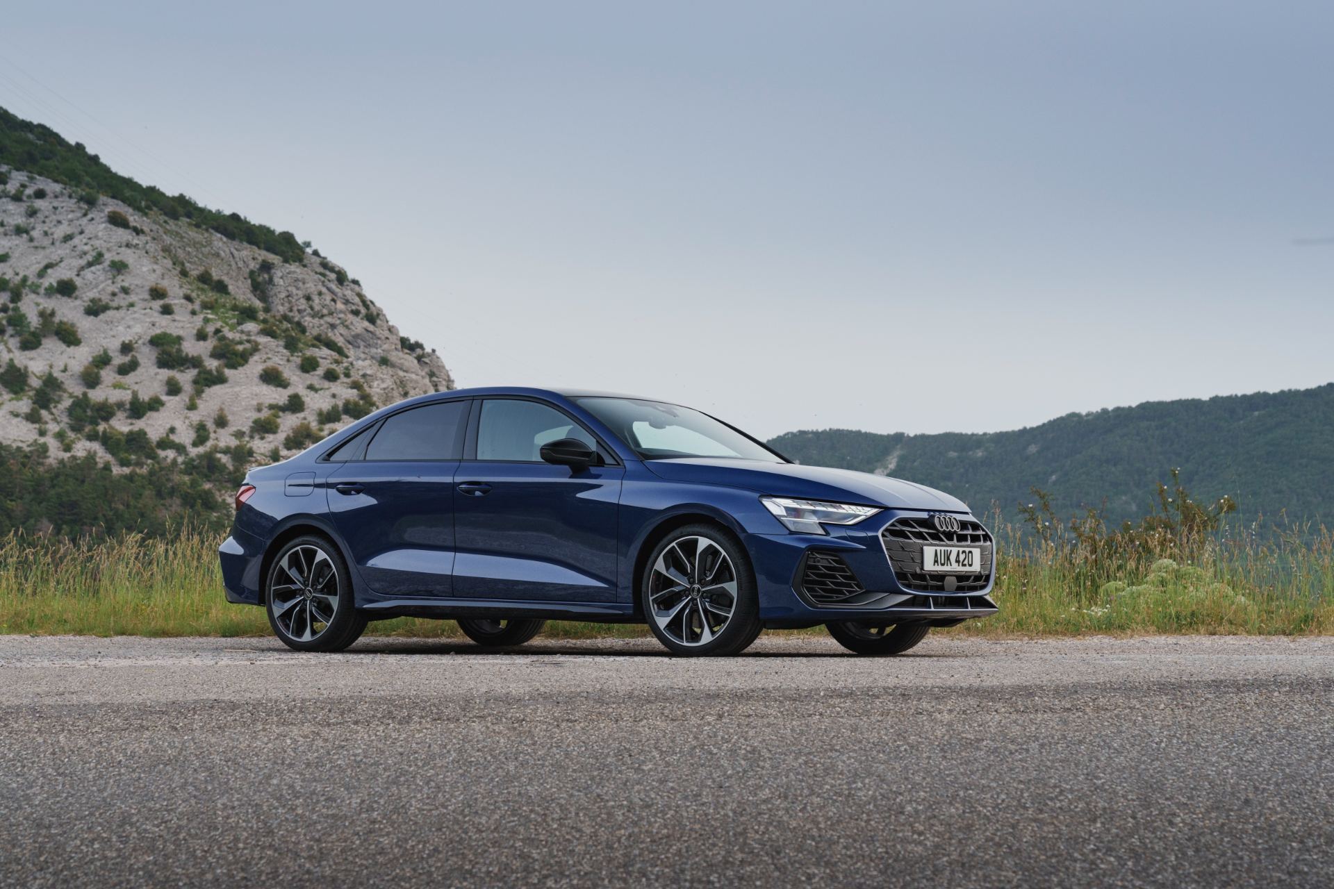2025 audi s3 saloon front three quarter cliffs blue