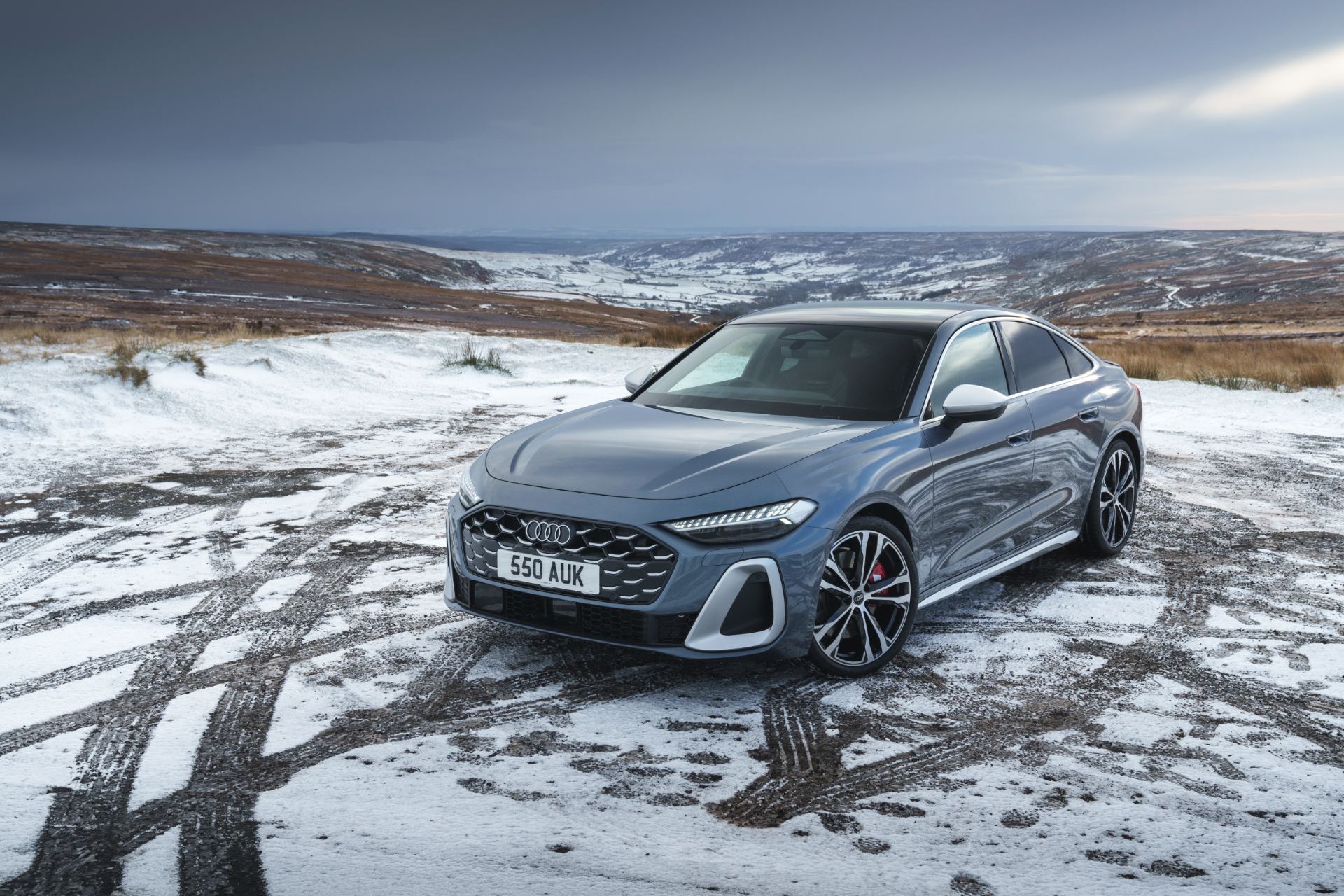 2026 audi s5 saloon front three quarter snow grey