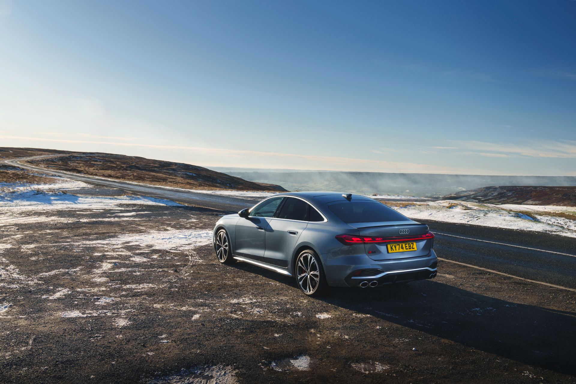 2026 audi s5 saloon rear three quarter moorland road grey