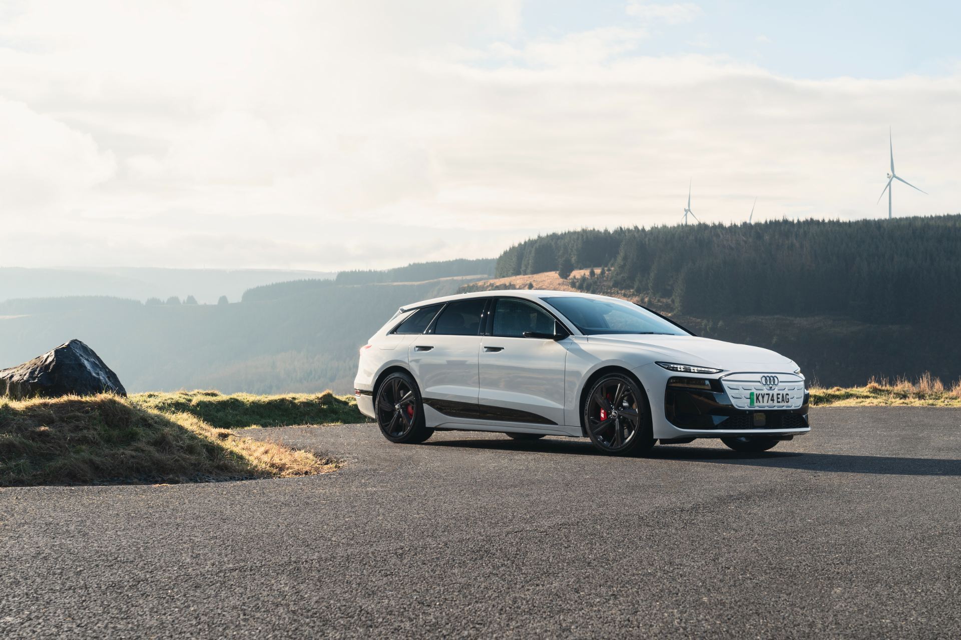 2026 audi s6 avant e tron front three quarter wind turbines white