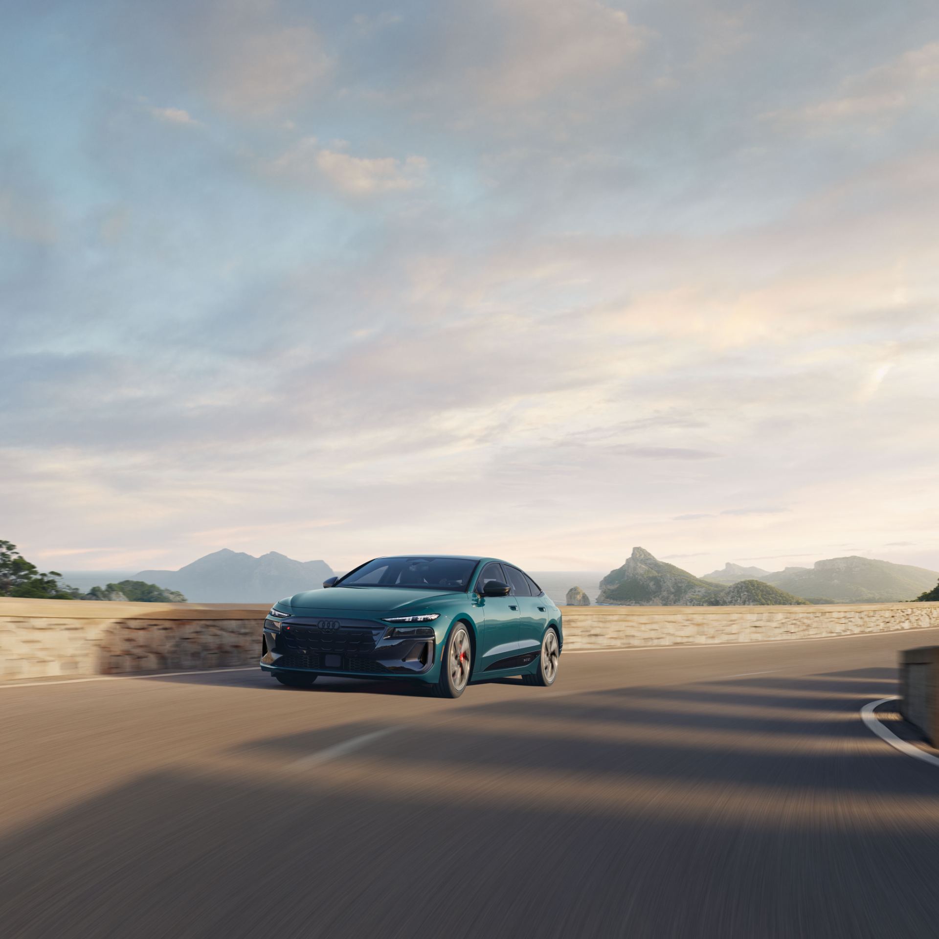 2027 audi s6 sportback e tron driving front coastal road teal