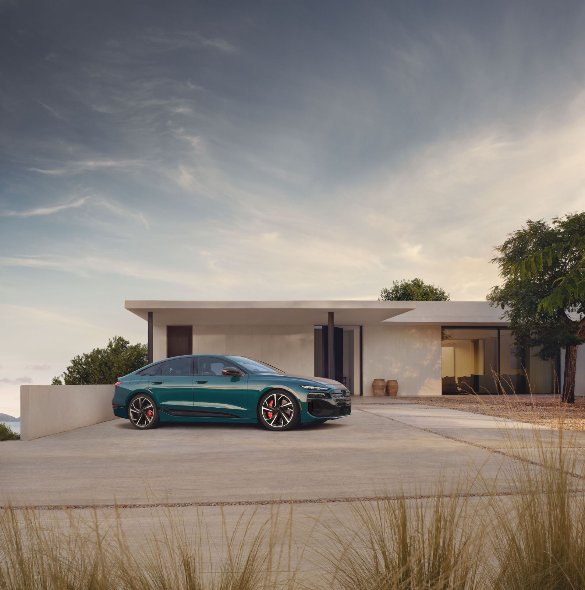 2027 audi s6 sportback e tron front three quarter modern house teal