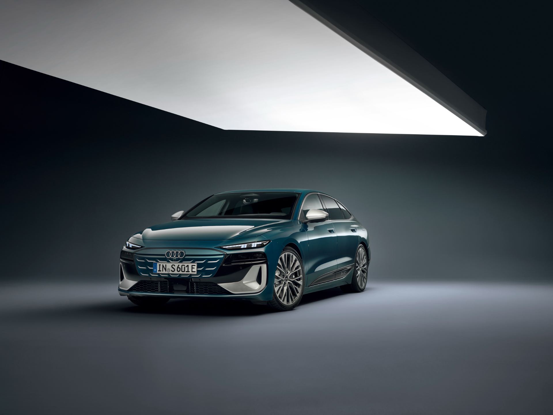 2026 audi s6 sportback e tron front three quarter studio teal