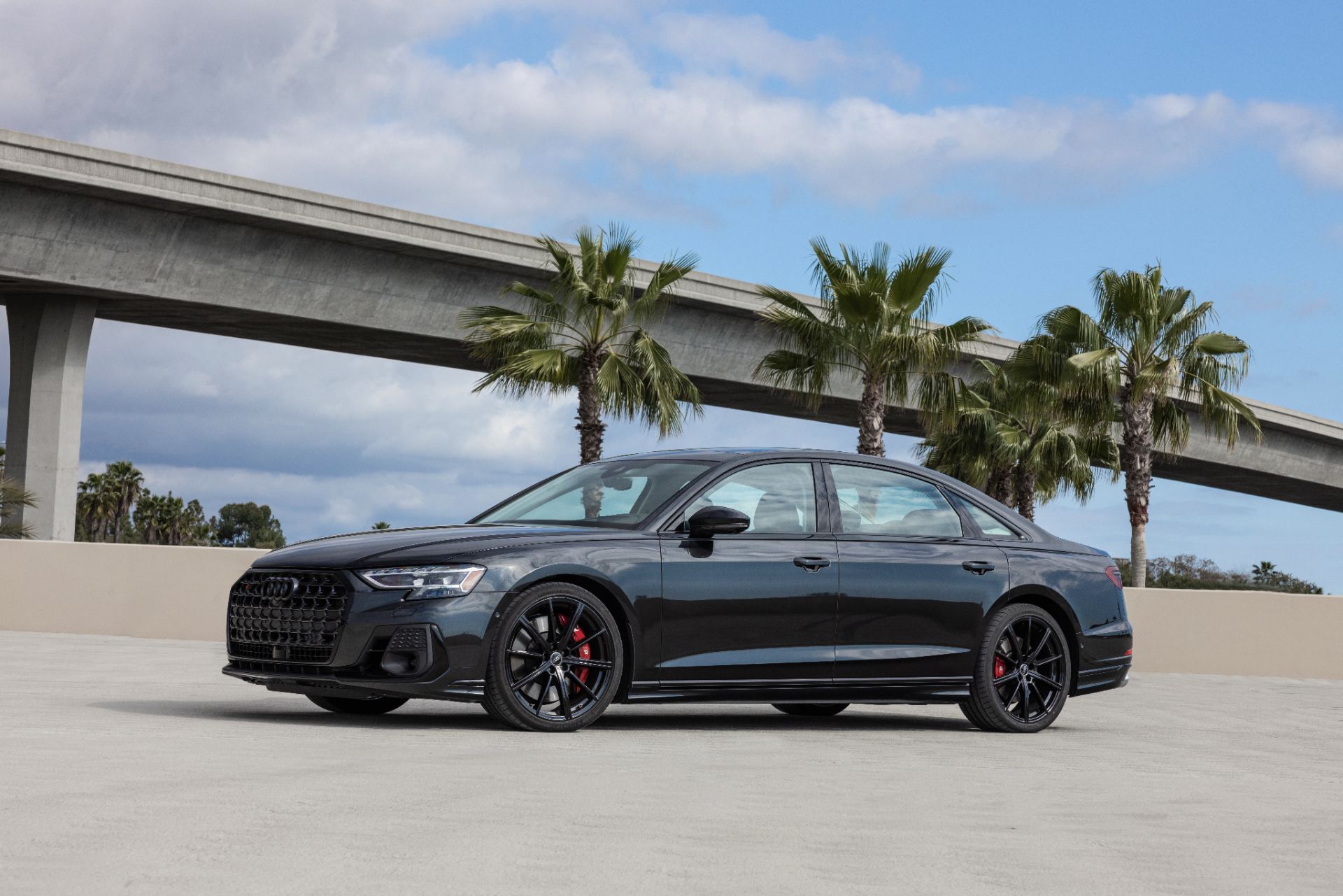 2026 audi s8 side profile overpass palm trees black
