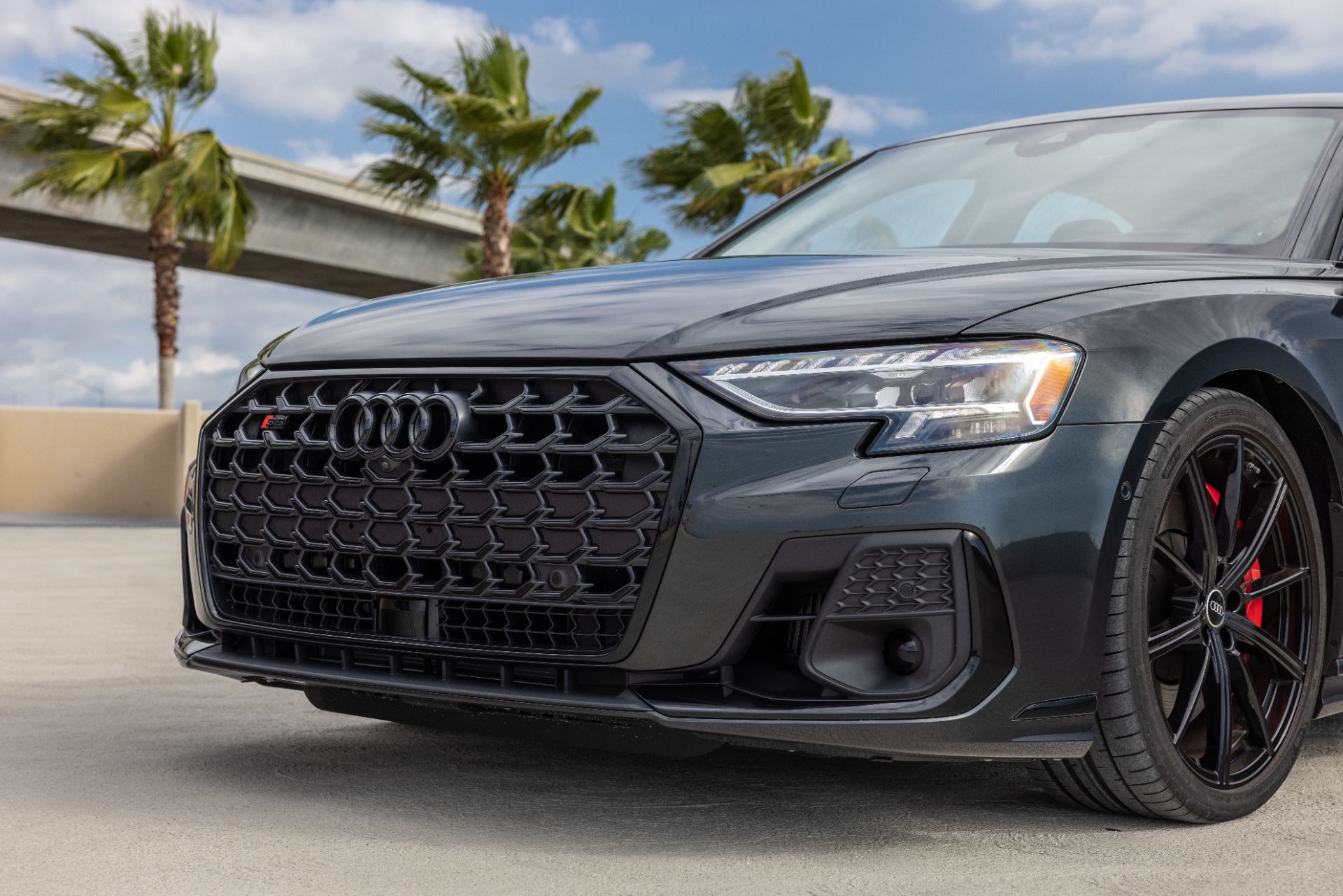 2026 audi s8 front three quarter palm trees black