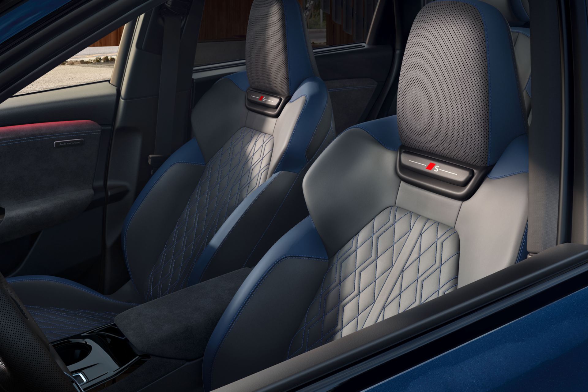 2027 audi sq6 e tron interior front sport seats blue accents