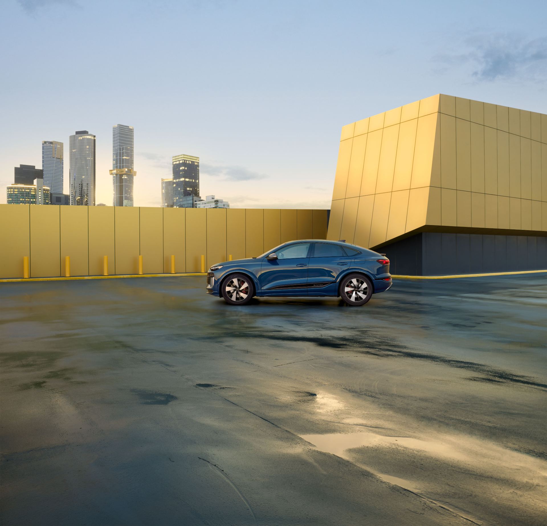 2027 audi sq6 sportback e tron side profile gold wall city blue
